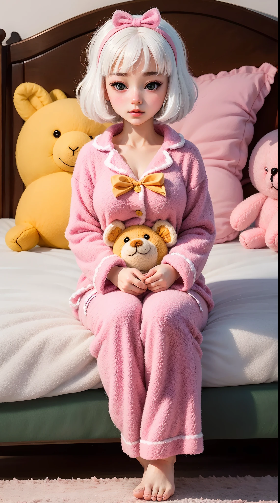 wool felt，Felt，plush ，adolable，Masterpiece, Best quality, Super detailed, illustration, Beautiful eyes, Close up, A girl. It is white hair, Pink bow, Yellow pajamas,sit on a bed.