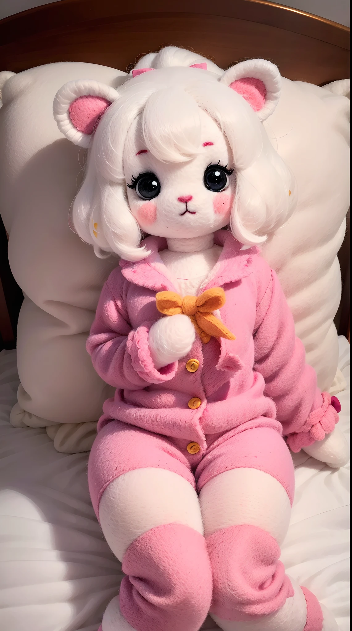 wool felt,Felt,plush ,adolable,Masterpiece, Best quality, Super detailed, illustration, Beautiful eyes, Close up, A girl. It is white hair, Pink bow, Yellow pajamas,sit on a bed.