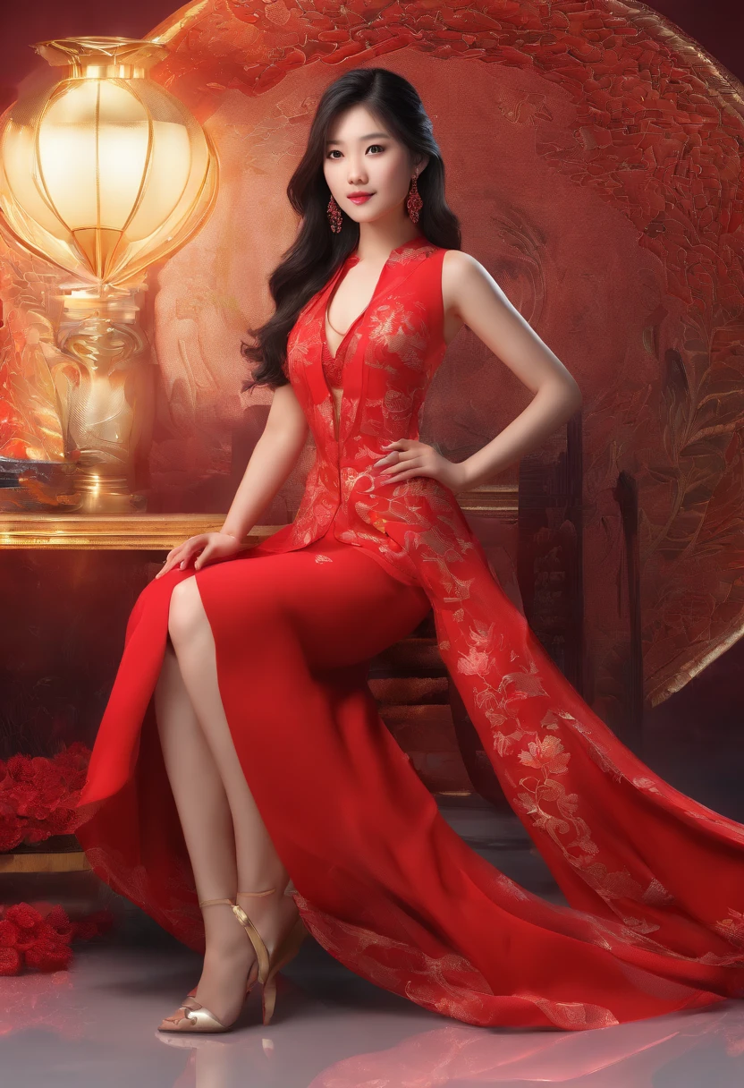 Beautiful asian sexy girl in red dress , big breast