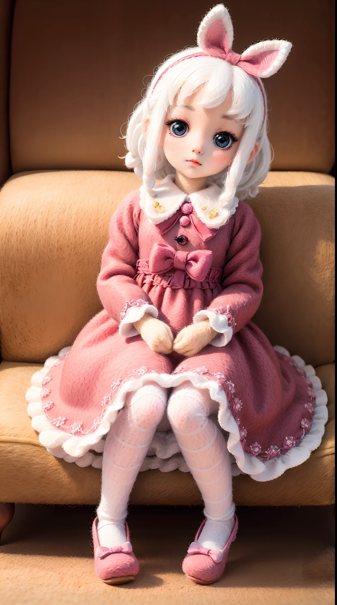 wool felt，Felt，plush ，adolable，Masterpiece, Best quality, Super detailed, illustration, Beautiful eyes, Close up, A girl. It is white hair, Pink bow, dress in yellow,sitting in the couch.