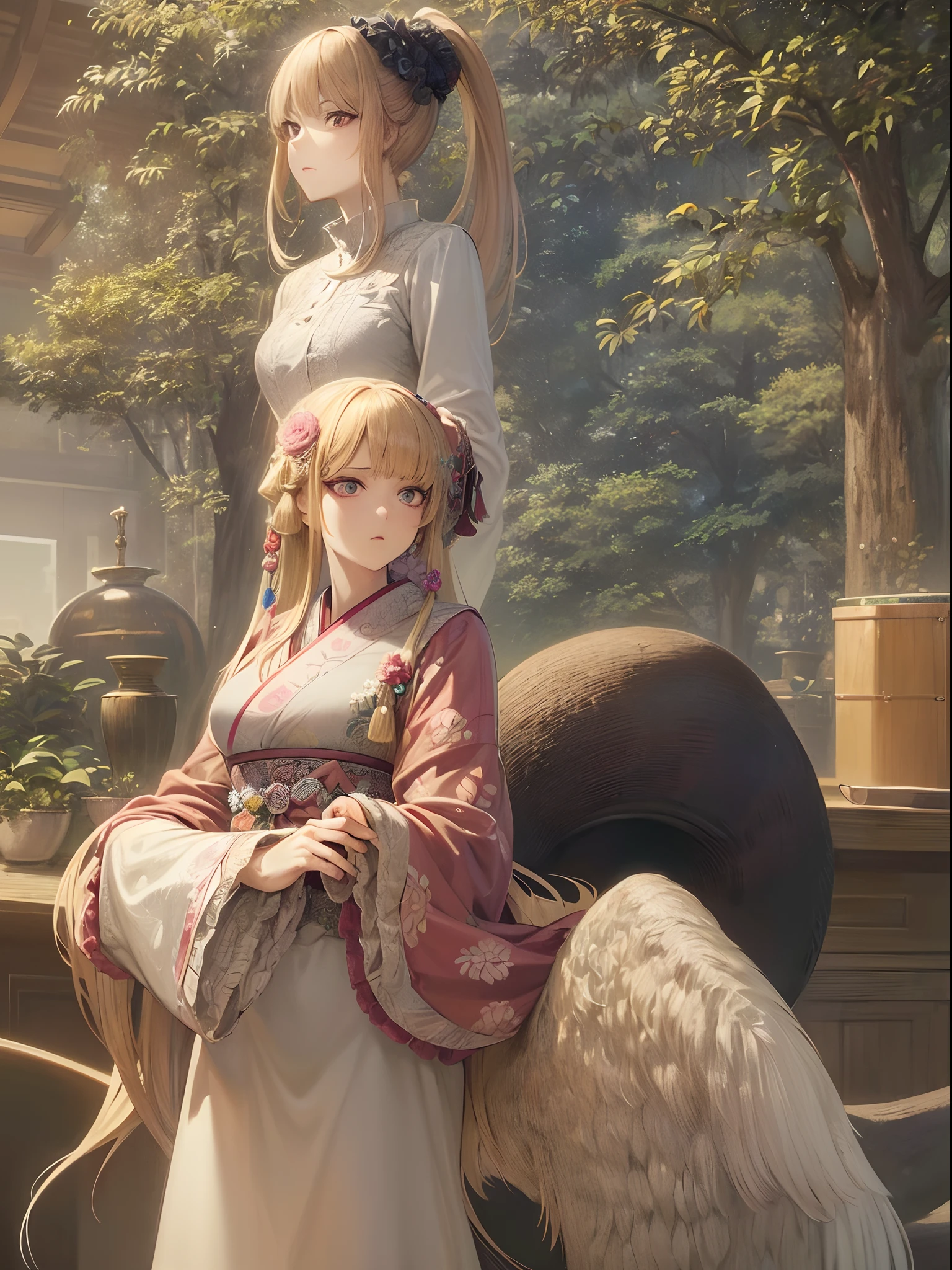 (A hyper-realistic), (Illustration), (High resolution), (8K), (Very detailed), (Best Illustration), (Beautiful and detailed eyes), (Best Quality), (ultra-detailliert), (masutepiece), Yakumo Standing Izumo Yaegaki For Wife Basket Yaegaki Tsukuru The Yaegaki