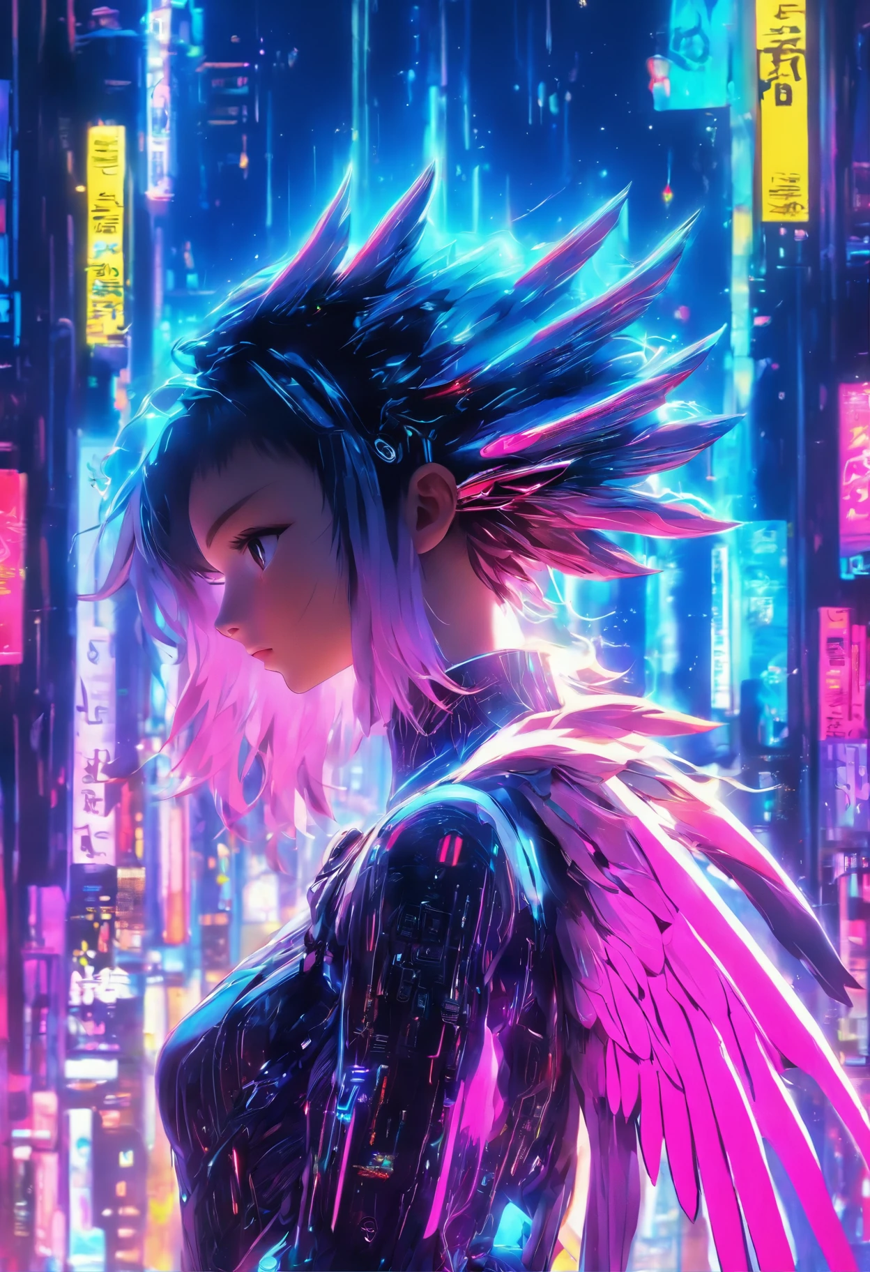 1girl,Front,Half body shoot standing still,((saint's halo hovers above)),calm,little ethereal girl,((midjourney's distinctive mesmerizing anime style)),Light reflective gown made as that can reflect Surrounding neon lights,((2 Angelic wings attached on back)), standing in a city at night,detailed lighting, side-angle portrait,cyberpunk lightings,modern anime trends of 2019, infusing eboy ,Tron and Lucifer vibes,AMOLED display colors,highly stylish, atmospheric scene ,reminiscen digital cyberpunk art,Leonardo Style,dripping paint,mesmerizing angelic presence ,captivating wallpaper-like composition.,weapon,High detailed ,Color magic