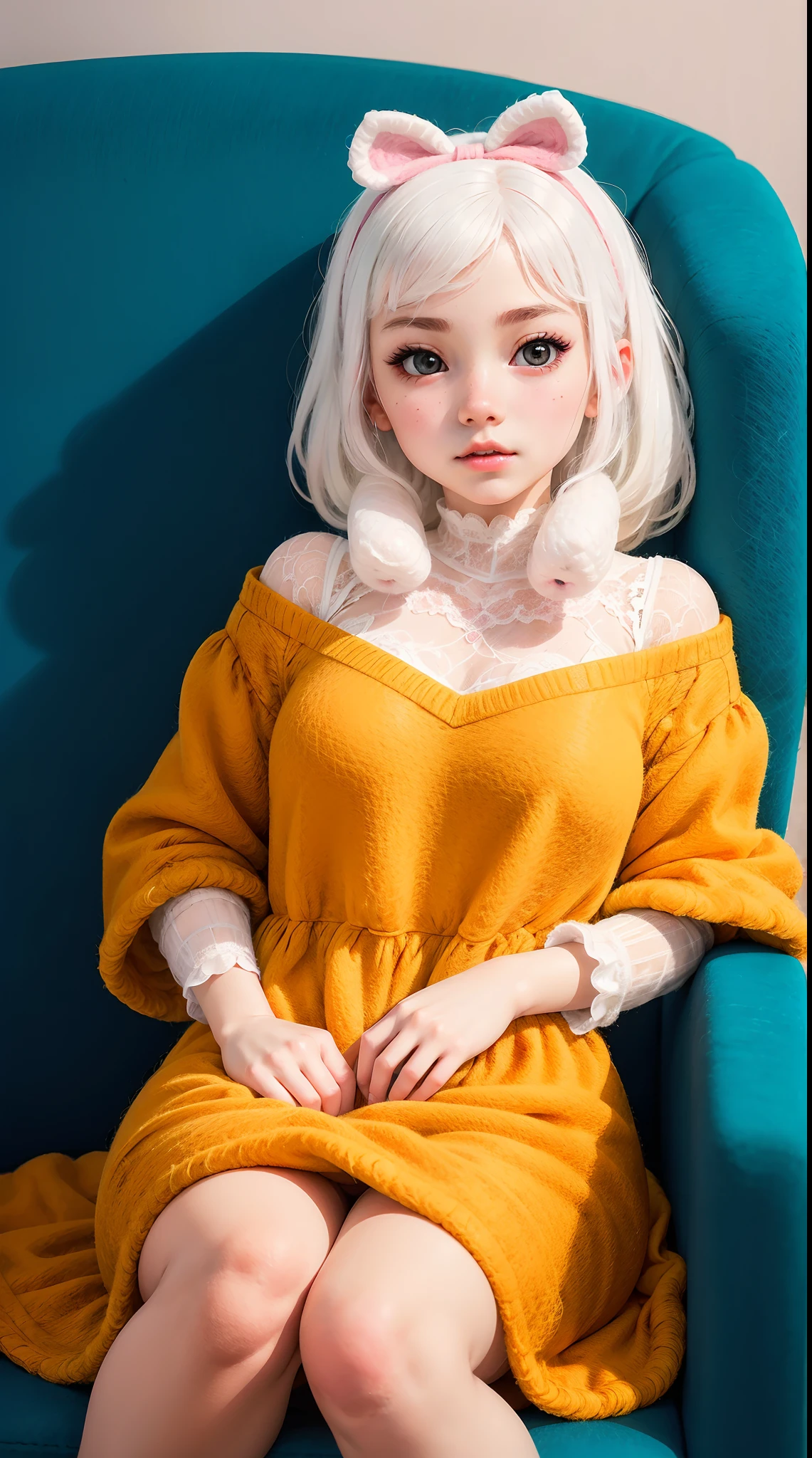 wool felt，Felt，plush ，adolable，Masterpiece, Best quality, Super detailed, illustration, Beautiful eyes, Close up, A girl. It is white hair, Pink bow, dress in yellow,sitting in the couch.