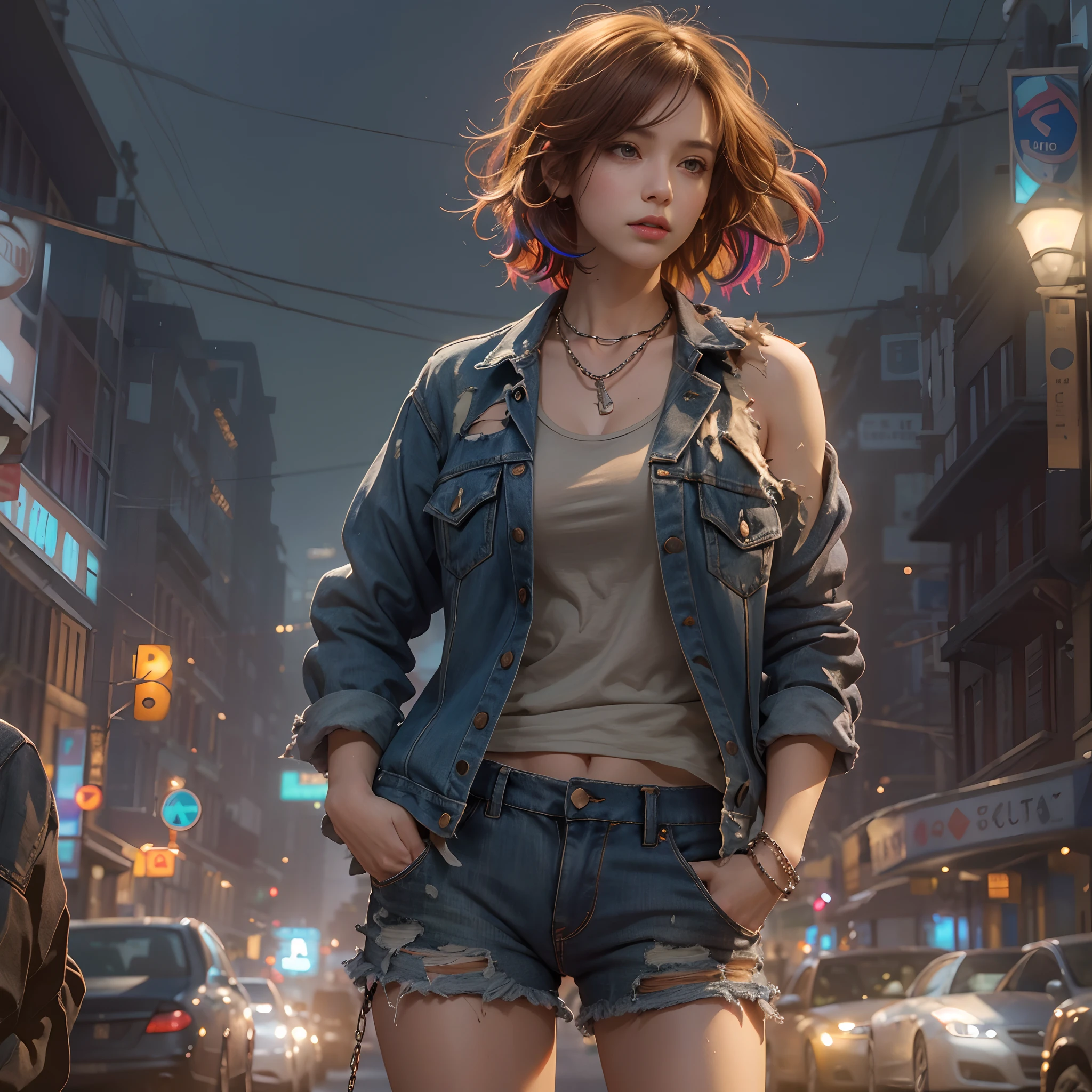((medium breast, tomboy girl,)),  (chiseled abs : 1.1), (perfect body : 1.1), (short wavy hair : 1.2) , auburn hair, collar, chain, full body shot, crowded street, wearing tanktop, jeans jacket, (torn clothes:1.3)((shorts)), (extremely detailed CG 8k wallpaper), (an extremely delicate and beautiful), (masterpiece), (best quality:1.0), (ultra highres:1.0),  beautiful lighting ,perfect lightning, realistic shadows, [highres], detailed skin, ultra-detailed (((colorful))),high realistic,