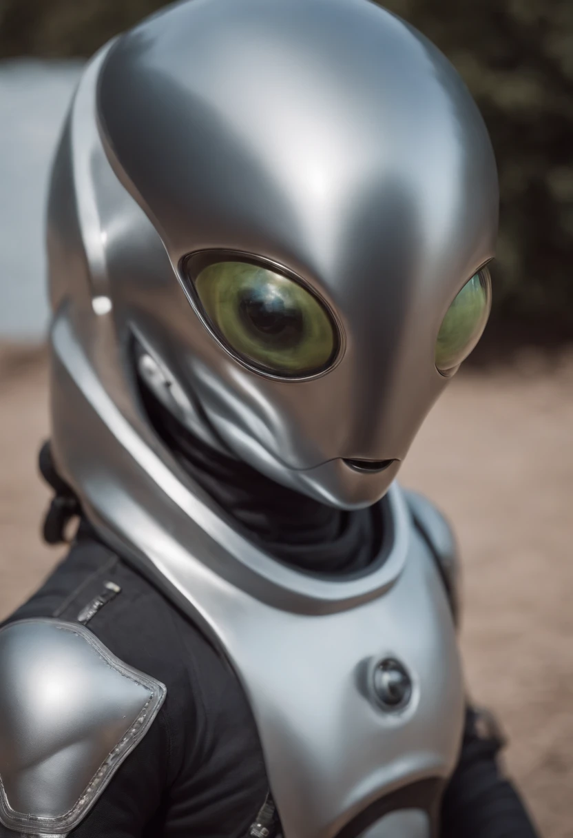 a Roswell alien, distinctive black eyes, wearing a spacesuit, ultra-sharp focus, realistic snapshot, 8k, vivid colors, fine details, otherworldly atmosphere, mysterious lighting, sci-fi surrealism