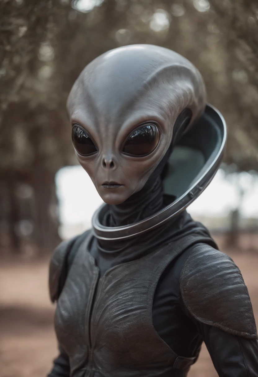 a Roswell alien, distinctive black eyes, wearing a spacesuit, ultra-sharp focus, realistic snapshot, 8k, vivid colors, fine details, otherworldly atmosphere, mysterious lighting, sci-fi surrealism
