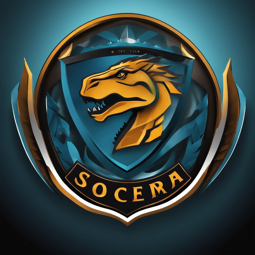 "Generate a futuristic soccer team logo featuring A dinossaur. The logo should have a modern, sleek design suitable for a team's shield on a jersey. The background should incorporate dynamic elements that represent the team's energy and enthusiasm. Please ensure the logo is in high-resolution and in a format suitable for printing on a team jersey.