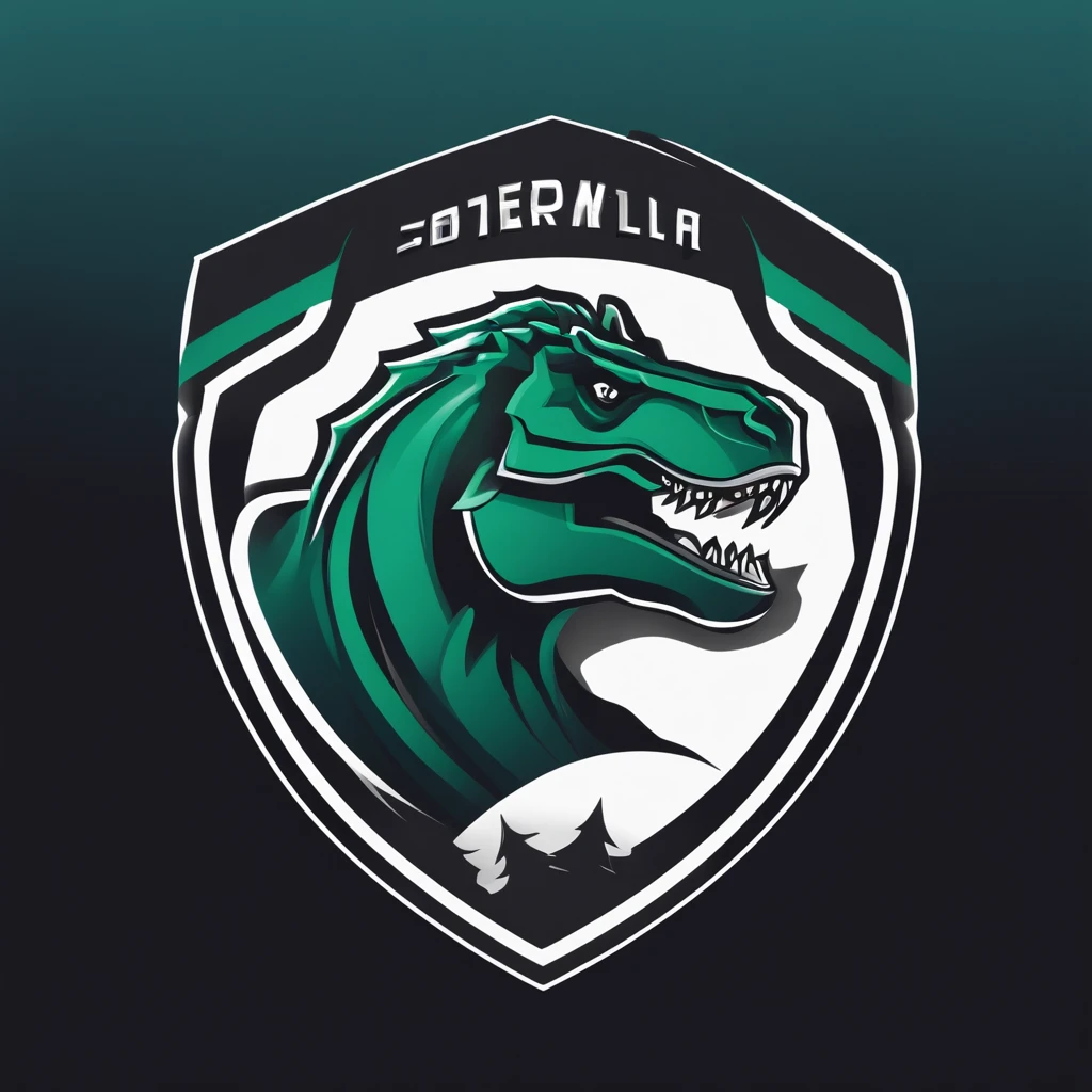 "Generate a futuristic soccer team logo featuring A dinossaur. The logo should have a modern, sleek design suitable for a team's shield on a jersey. The background should incorporate dynamic elements that represent the team's energy and enthusiasm. Please ensure the logo is in high-resolution and in a format suitable for printing on a team jersey.
