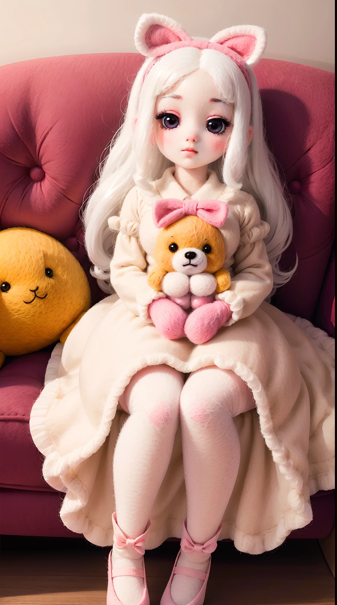 wool felt，Felt，plush ，adolable，Masterpiece, Best quality, Super detailed, illustration, Beautiful eyes, Close up, A girl. It is white hair, Pink bow, dress in yellow,sitting in the couch.