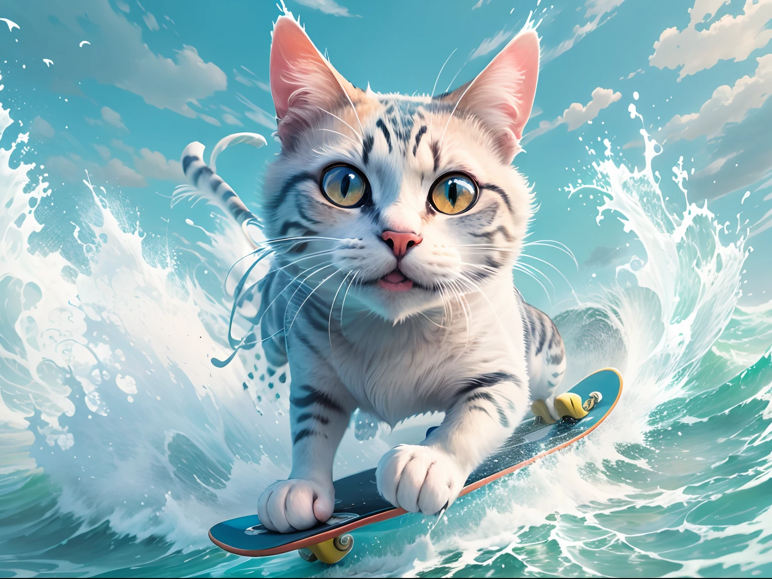 A round-eyed cat rushes the waves, skateboards, spray,blue-sky.