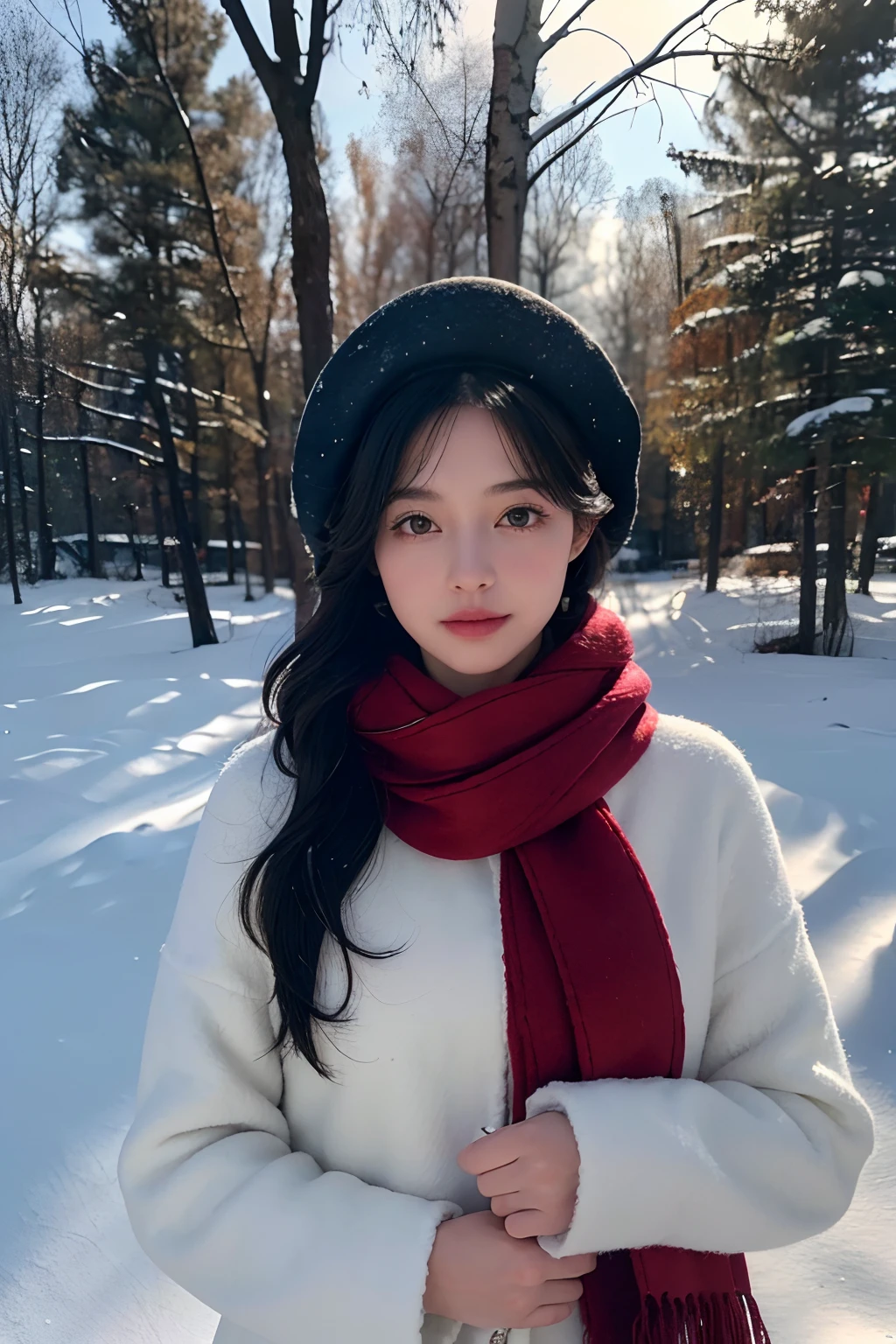 (Best quality, 4K, 8K, A high resolution, Masterpiece:1.2), Ultra-detailed, (Realistic, Photorealistic, photo-realistic:1.37), Wool felt art style:1.8, Exquisite craftsmanship, Charming texture, Girl with black hair, Elegant red felt dress, Fluffy scarf, Blue felt hat, Winter sun, snowy landscape.