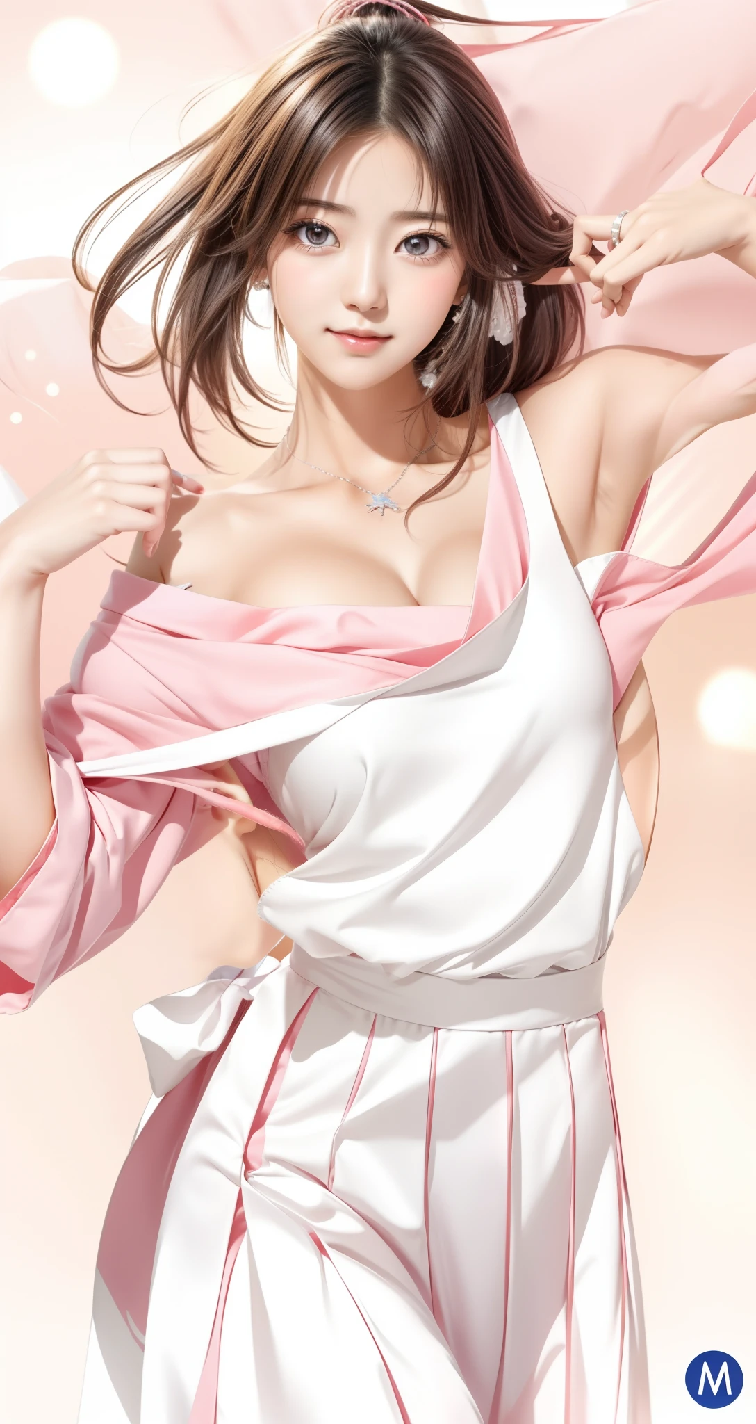 arafed image of a woman in a white dress with a pink background, anime visual of a cute girl, anime visual of a young woman, hinata hyuga, marin kitagawa fanart, official art, nishimiya shouko, inspired by Tsuruko Yamazaki, inspired by Eizan Kikukawa, misato katsuragi, sweet smile, left hand pose peace