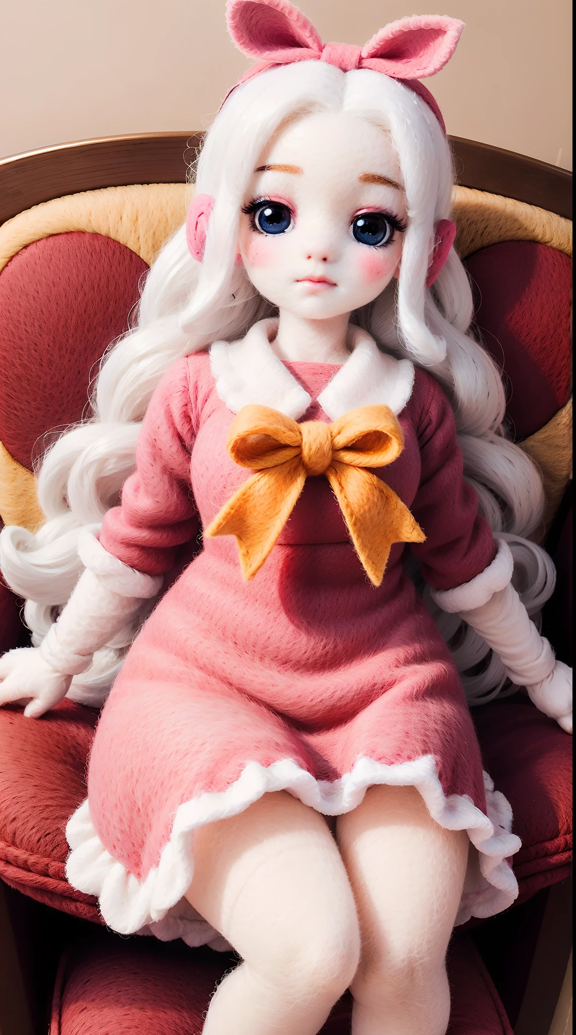 wool felt，Felt，plush ，adolable，Masterpiece, Best quality, Super detailed, illustration, Beautiful eyes, Close up, A girl. It is white hair, Pink bow, dress in yellow,sitting in the couch.