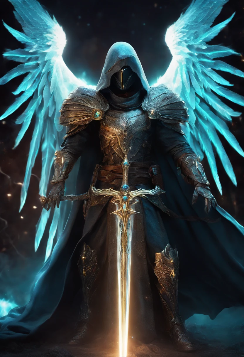 Cosmic Fallen Angel, Tyrael, Weapon holy swords in the hands, Glowing light eyes, biomechanical, eldritch, Creepy, nightmarish, Very bright colors, light particles, with luminous light, Wallpaper Art, UHD wallpaper,medieval garb