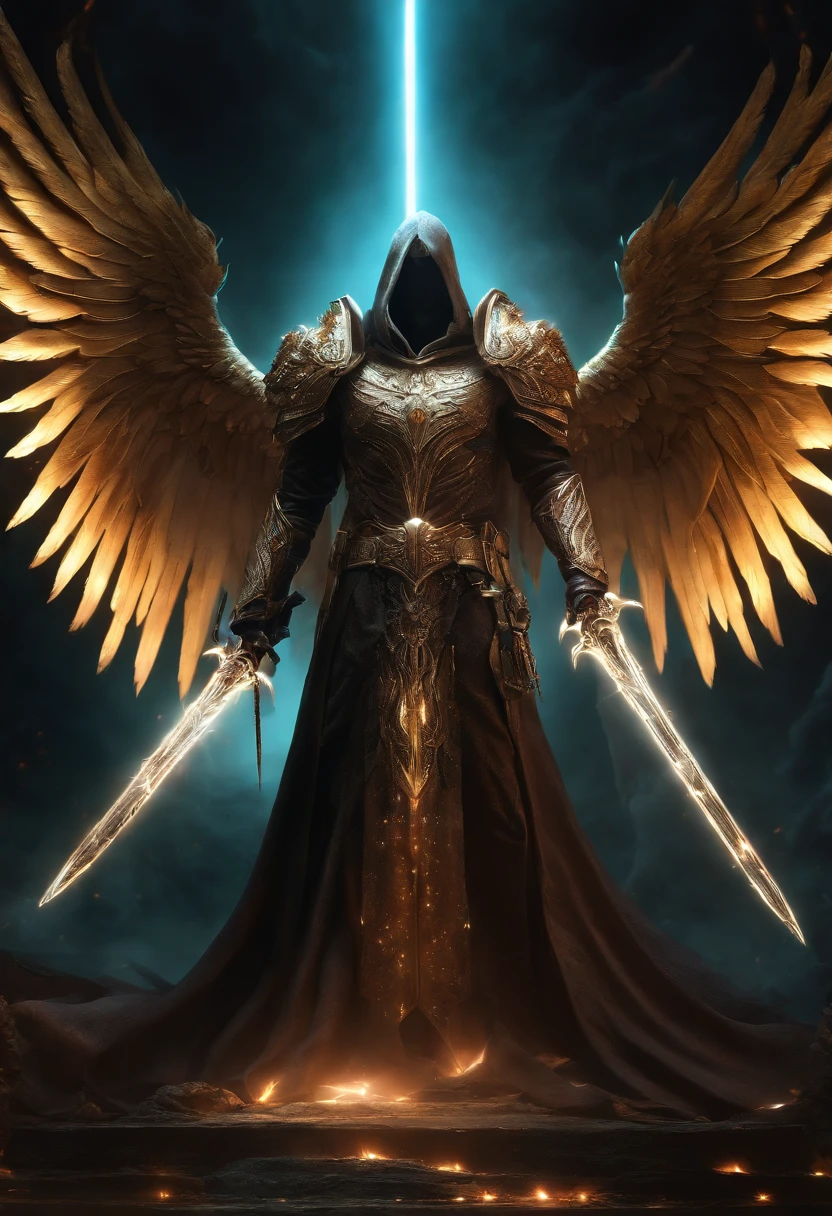 Cosmic Fallen Angel, Tyrael, Weapon holy swords in the hands, Glowing light eyes, biomechanical, eldritch, Creepy, nightmarish, Very bright colors, light particles, with luminous light, Wallpaper Art, UHD wallpaper,medieval garb
