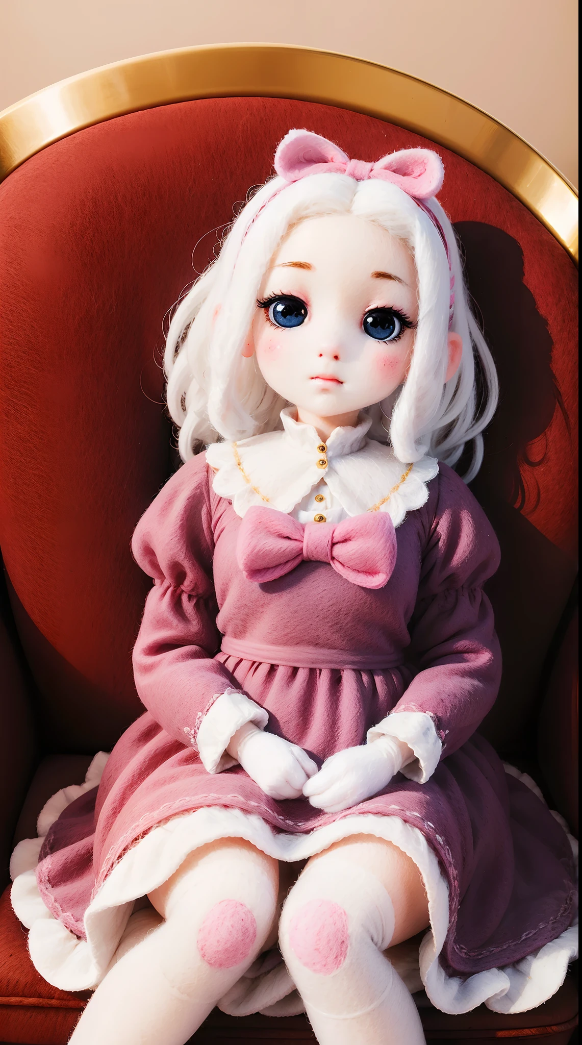 wool felt，Felt，plush ，adolable，Masterpiece, Best quality, Super detailed, illustration, Beautiful eyes, Close up, A girl. It is white hair, Pink bow, dress in yellow,sitting in the couch.