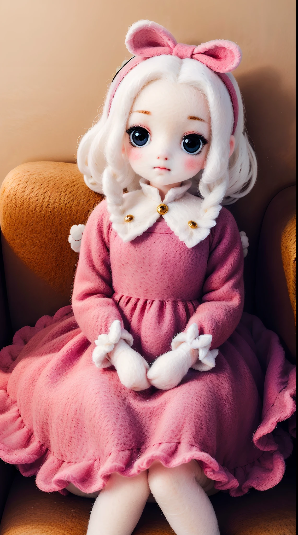 wool felt，Felt，plush ，adolable，Masterpiece, Best quality, Super detailed, illustration, Beautiful eyes, Close up, A girl. It is white hair, Pink bow, dress in yellow,sitting in the couch.