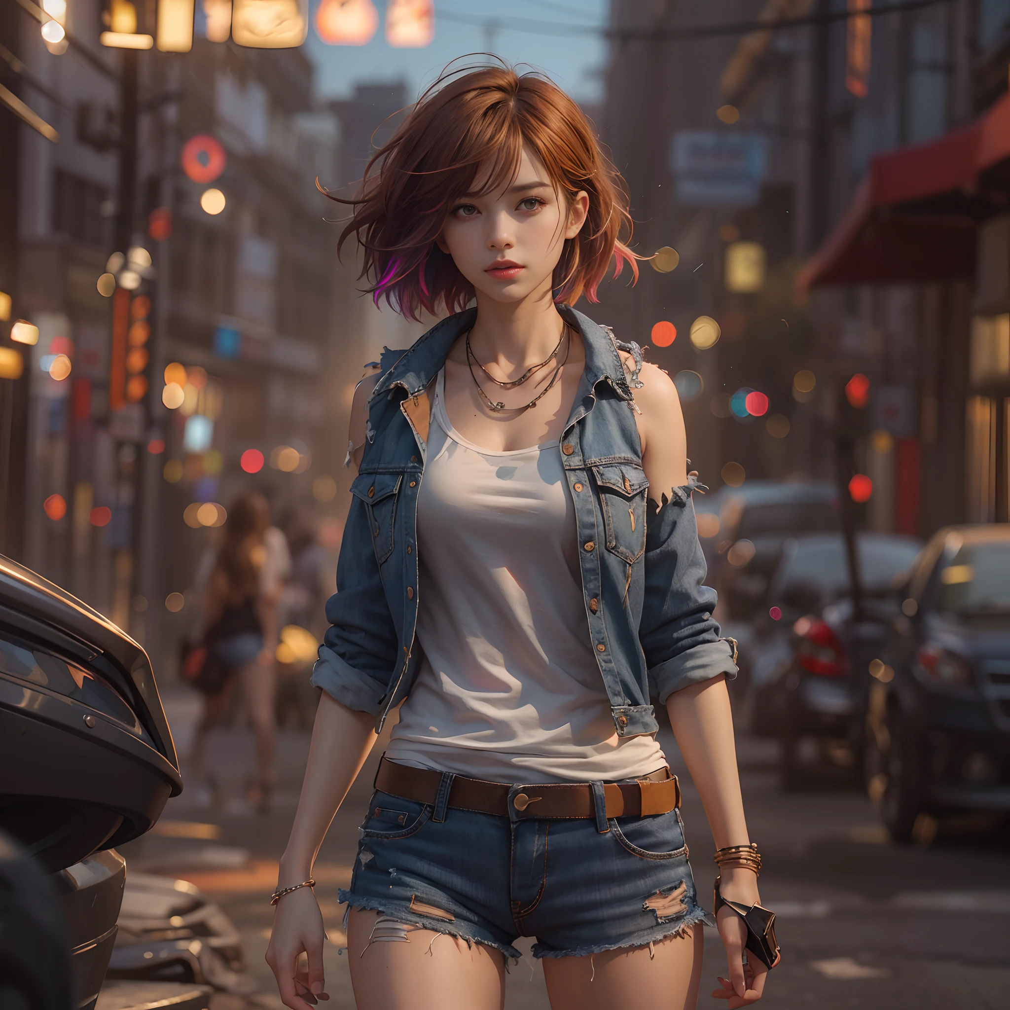 ((medium breast, tomboy girl,)),  (chiseled abs : 1.1), (perfect body : 1.1), (short wavy hair : 1.2) , auburn hair, collar, chain, full body shot, crowded street, wearing tanktop, jeans jacket, (torn clothes:1.3)((shorts)), (extremely detailed CG 8k wallpaper), (an extremely delicate and beautiful), (masterpiece), (best quality:1.0), (ultra highres:1.0),  beautiful lighting ,perfect lightning, realistic shadows, [highres], detailed skin, ultra-detailed (((colorful))),high realistic,