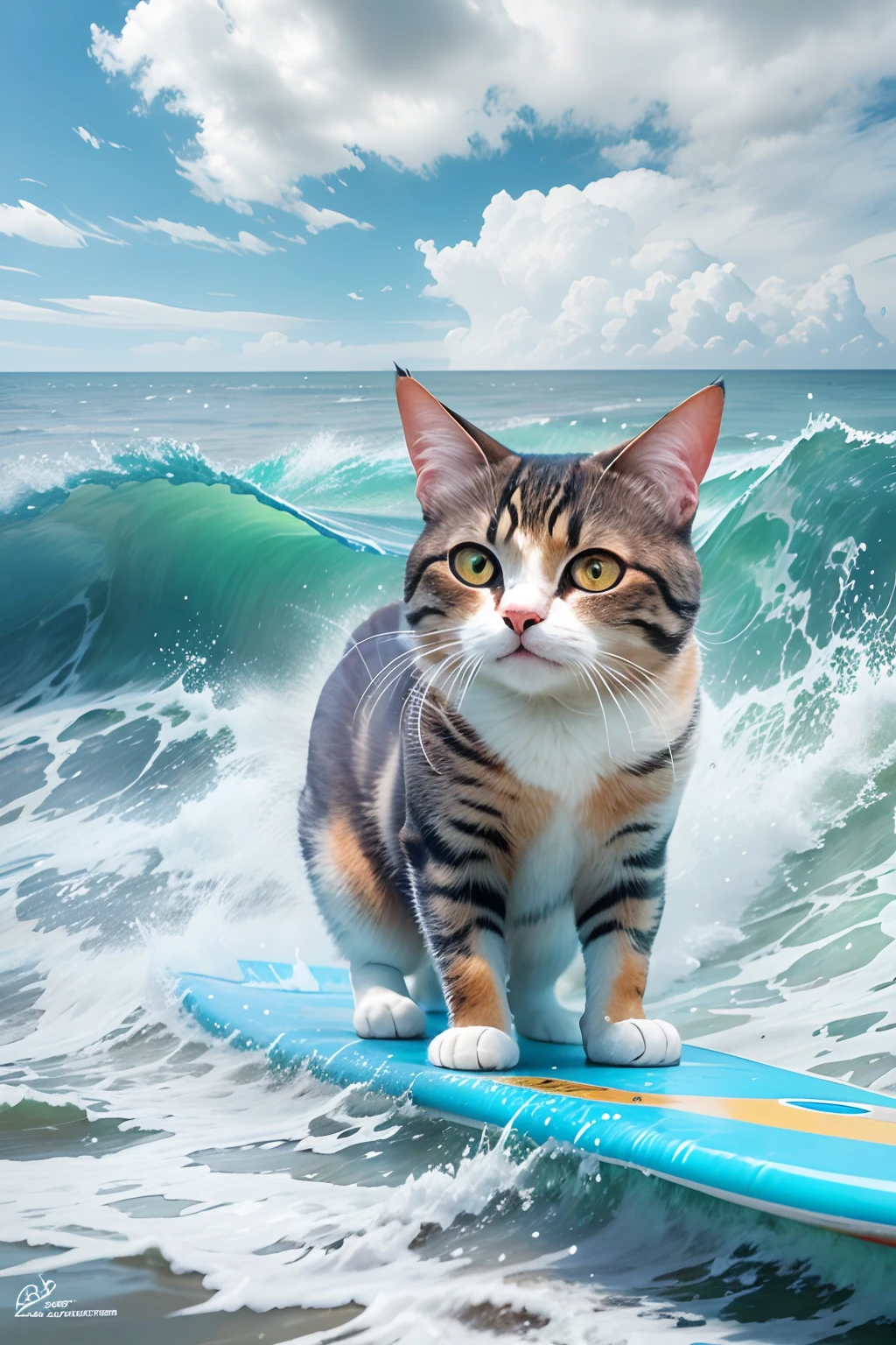 A round-eyed cat surfing by the sea, spray,  blue-sky.