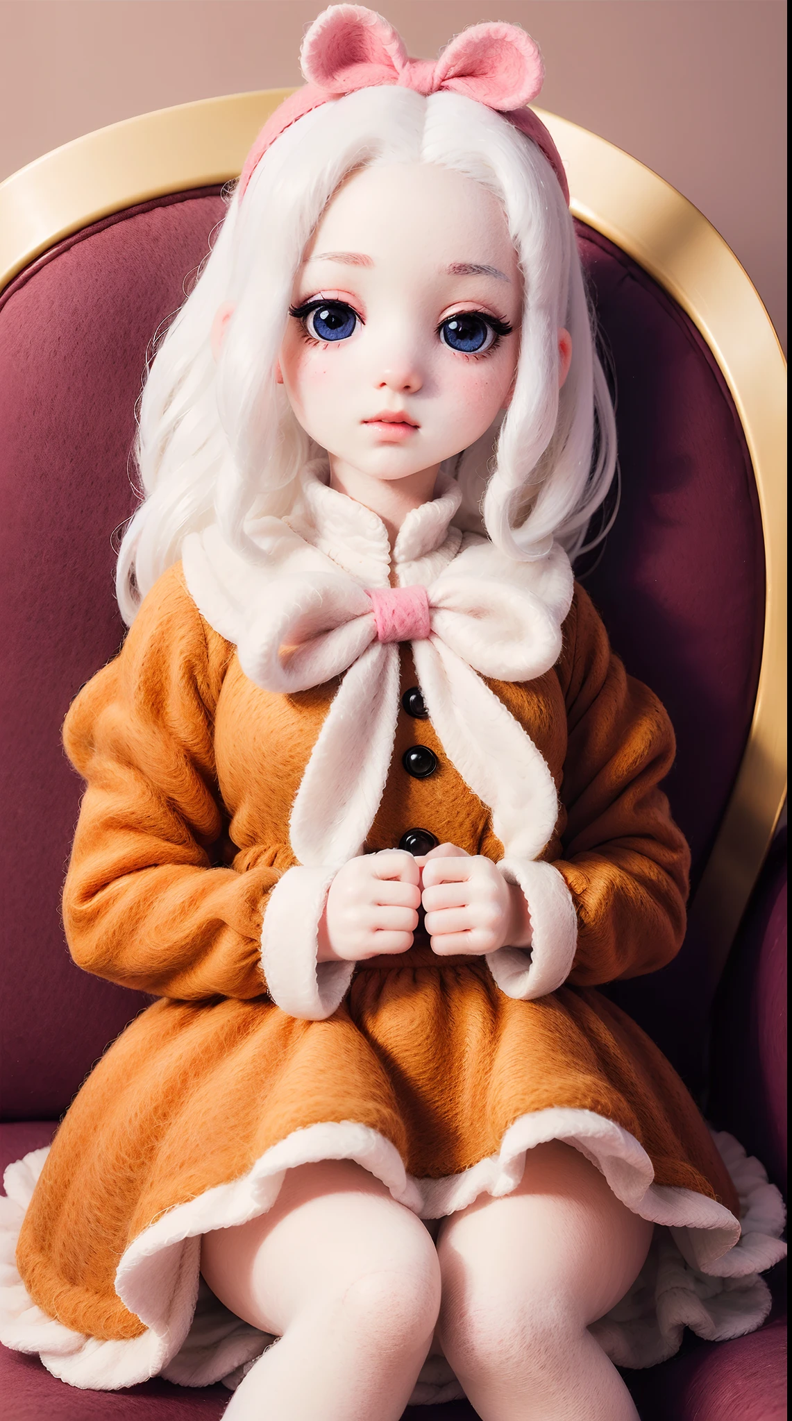 wool felt，Felt，plush ，adolable，Masterpiece, Best quality, Super detailed, illustration, Beautiful eyes, Close up, A girl. It is white hair, Pink bow, dress in yellow,sitting in the couch.