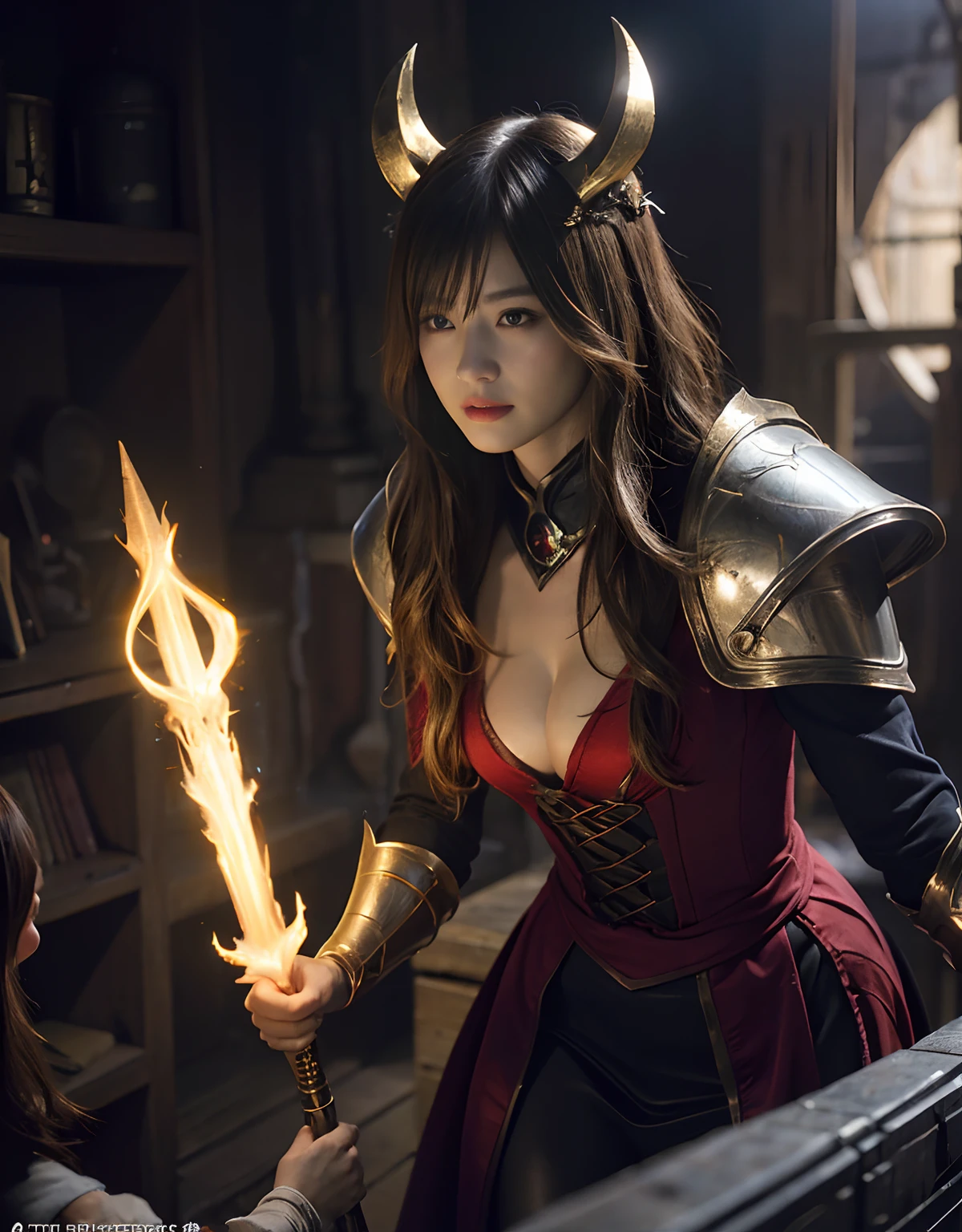 (One Knight Girl)、top-quality、masterpiece、超A high resolution、(Photorealsitic:1.4)、Raw photo、女の子1人、(Wear the Dark Knight's Armor)、glowy skin、(Random hair),(((Dark Fantasy)))、Fight with beautiful swords and shields、(((Mystical expression))),(((Have a gorgeous and long magic wand))),(Gorgeous gold metal body)、(Fight goblins、ogre、Fierce battle with orcs),(Fighting strong enemies)、Fight fiercely、(Background of decaying dungeon ruins)、(Ultimate Beauty)、(Detailed knight's helmet)、(Fighting Demonic Beasts)、(Wizard Hat)、((super realistic details))、portlate、(Strong giant demon beast background),globalillumination、Shadow、octan render、8K、ultrasharp、Colossal tits、Raw skin is exposed in cleavage、metals、Details of complex ornaments、Japan details、highly intricate detail、Realistic light、(Mystical expression),CGSoation Trends、Red Eyes、radiant eyes、Facing the camera)、Gundam、Small LED、Toostock、(Background of the mutation)、(Attack of the Monster Beasts)、Ultimate Beauty、beautiful female knight、Wear colorful armor、Detailed sword、(Wearing legendary armor)、