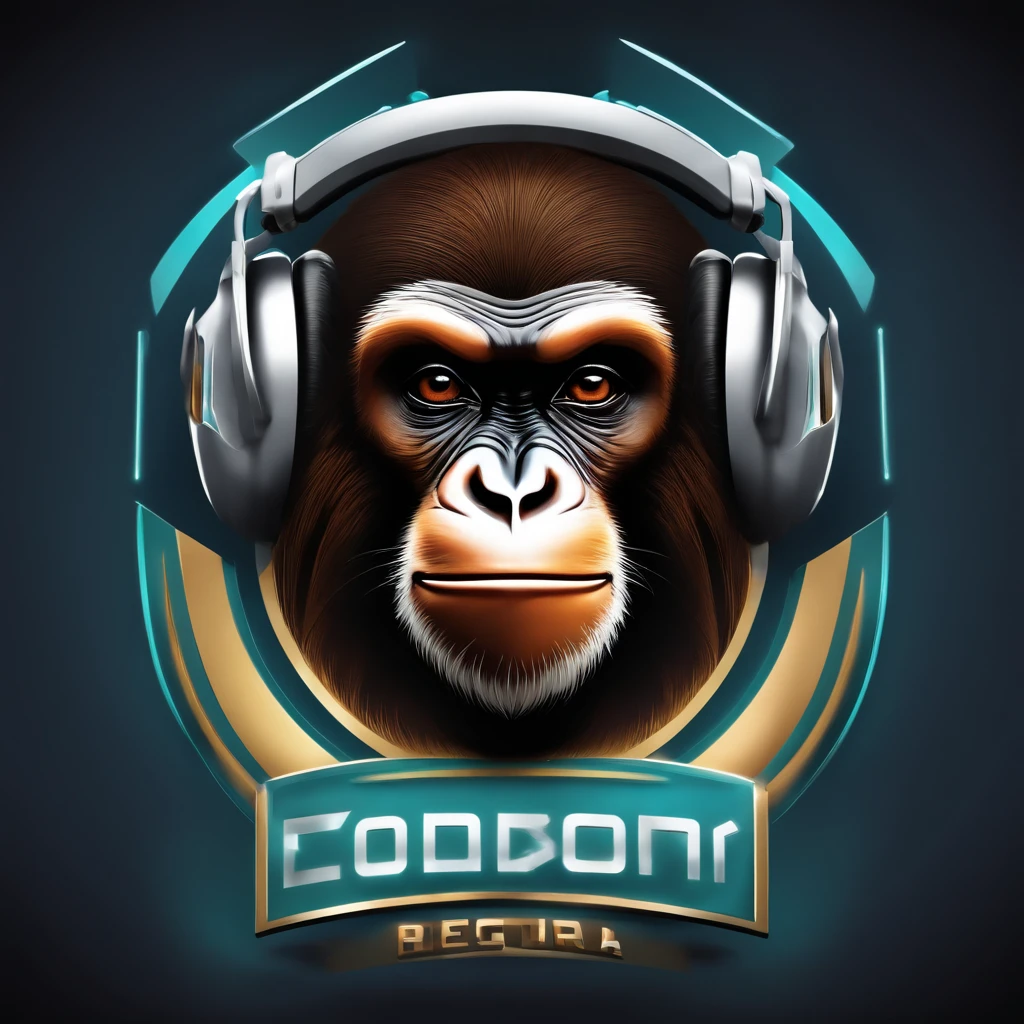 "Generate a futuristic soccer team logo featuring an monkey wearing headphones. The logo should have a modern, sleek design suitable for a team's shield on a jersey. The background should incorporate dynamic elements that represent the team's energy and enthusiasm. Please ensure the logo is in high-resolution and in a format suitable for printing on a team jersey.