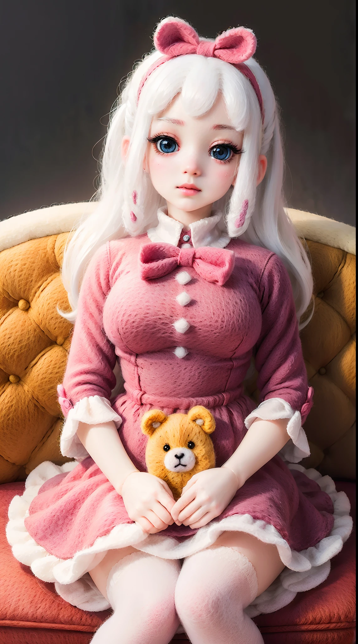 wool felt，Felt，plush ，adolable，Masterpiece, Best quality, Super detailed, illustration, Beautiful eyes, Close up, A girl. It is white hair, Pink bow, dress in yellow,Sit on a wool felt sofa.