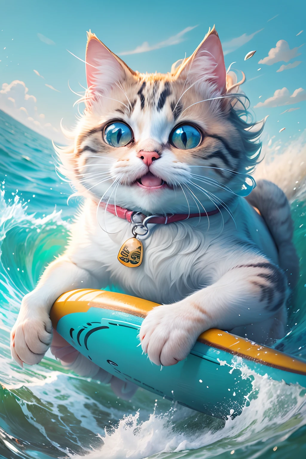 A round-eyed cat smiles, Surfing by the sea, spray, blue-sky.