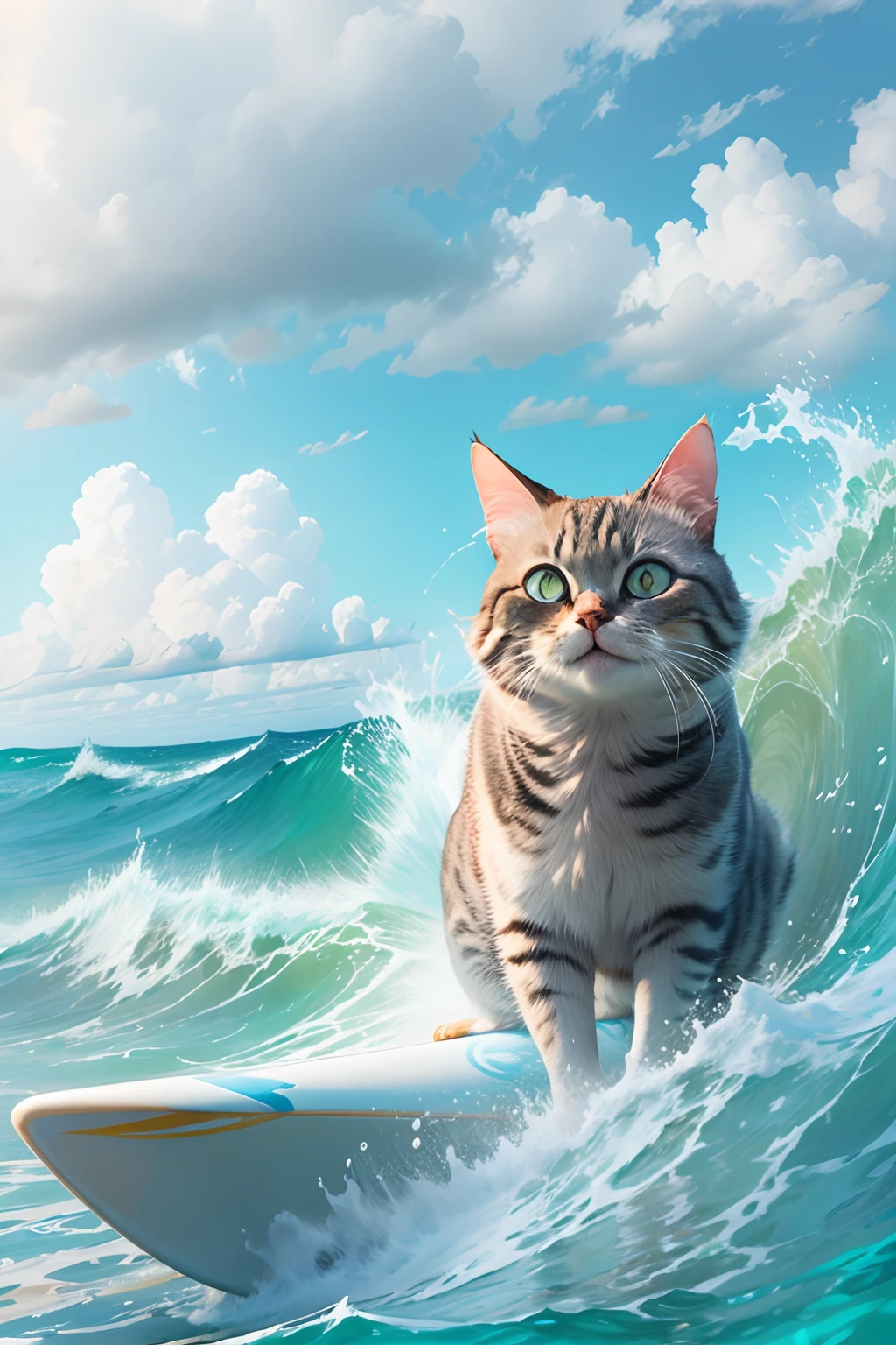 A round-eyed cat smiles, Surfing by the sea, spray, blue-sky.