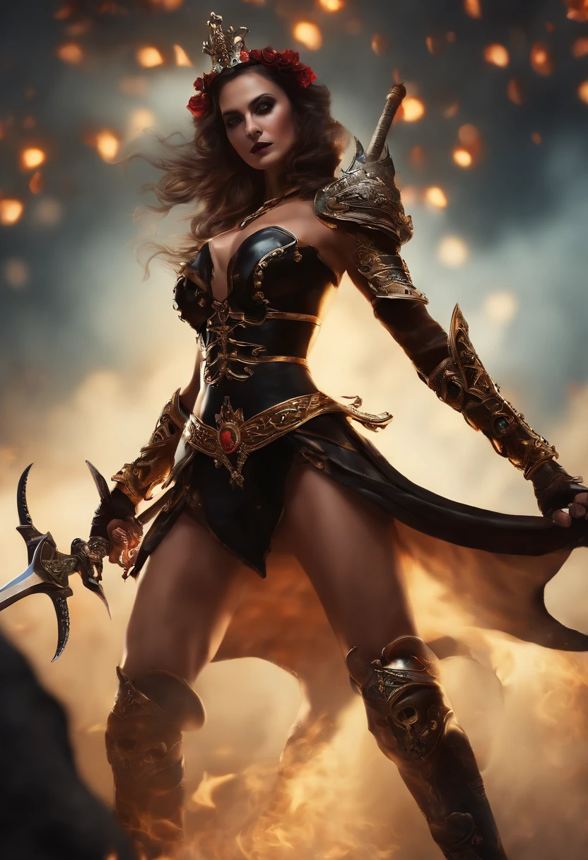 (low angle view:1.5), (corpo inteiro:1.5),1 Mulher sexy Demon Warrior, skull, armadura preta, (segurando uma espada flamejante:1.4), Crown of skeletal ram's horns, Sapatos de Chama, Dynamic Digital Painting, (Bokeh:1.5),Epic composition, melhore a qualidade do rosto