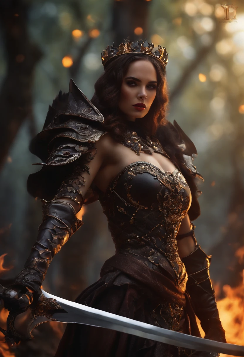 (low angle view:1.5), (corpo inteiro:1.5),1 Mulher sexy Demon Warrior, skull, armadura preta, (segurando uma espada flamejante:1.4), Crown of skeletal ram's horns, Sapatos de Chama, Dynamic Digital Painting, (Bokeh:1.5),Epic composition, melhore a qualidade do rosto