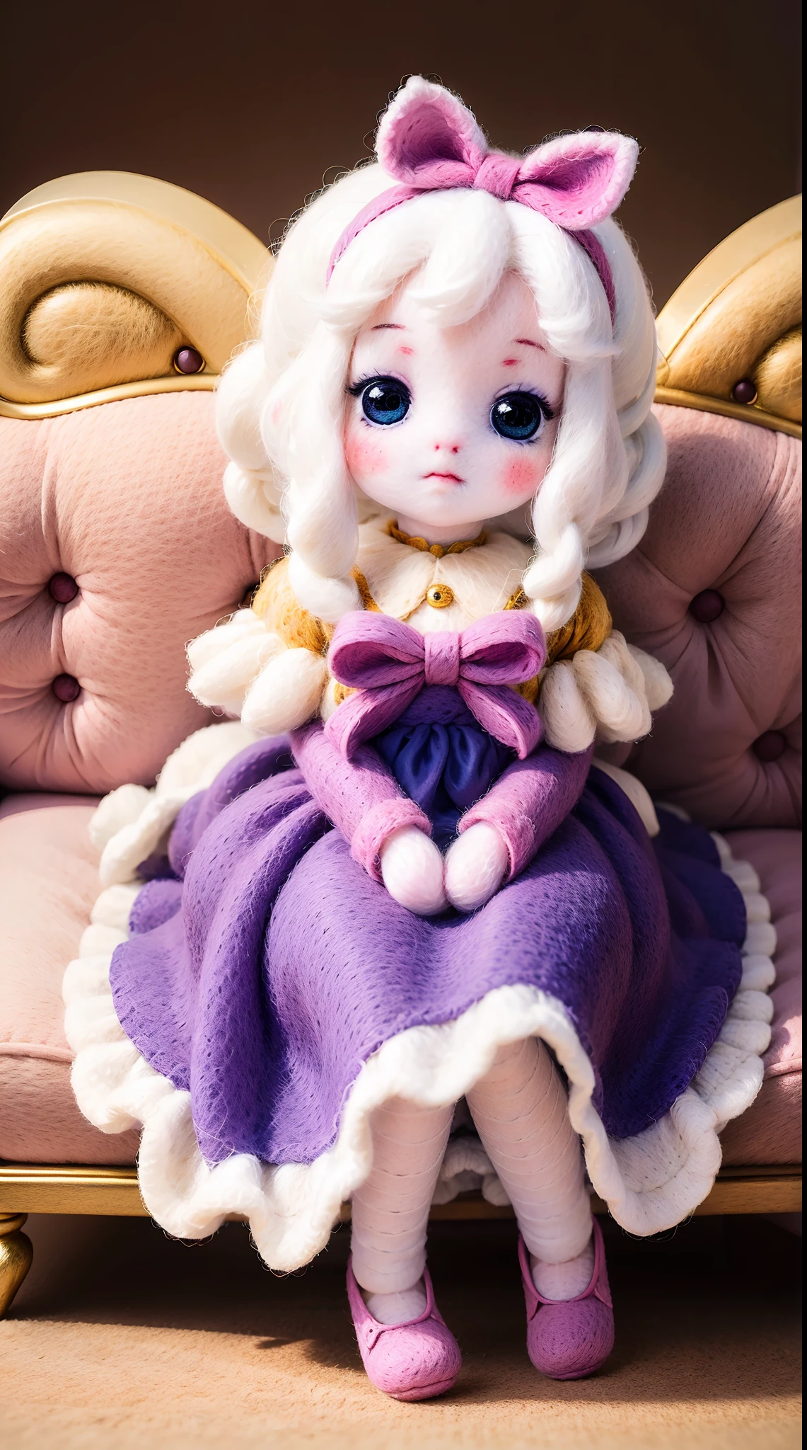 wool felt，Felt，plush ，adolable，Masterpiece, Best quality, Super detailed, illustration, Beautiful eyes, Close up, A girl. It is white hair, Pink bow, dress in yellow,Sit on a wool felt sofa.Wool felt dolls