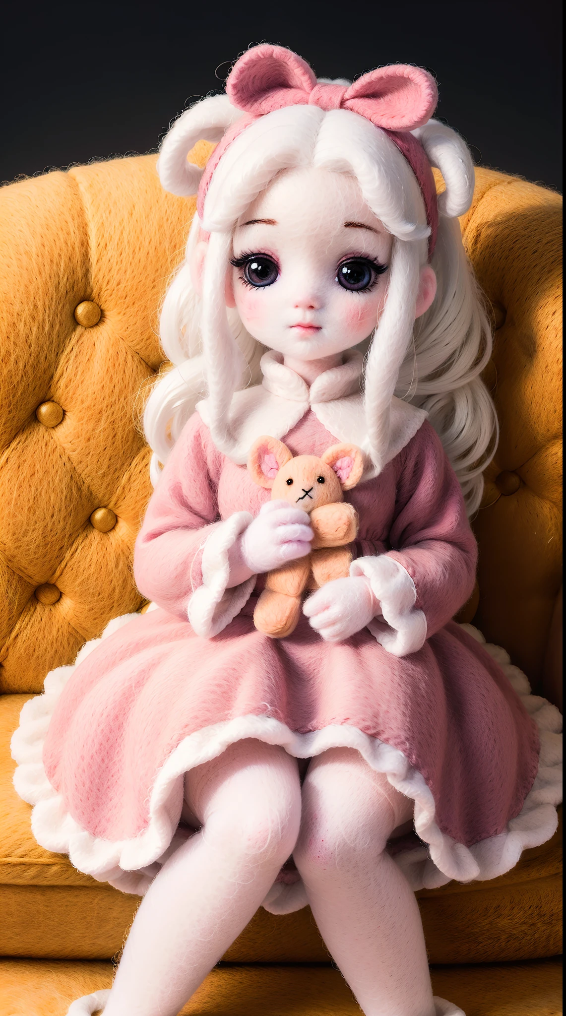 wool felt，Felt，plush ，adolable，Masterpiece, Best quality, Super detailed, illustration, Beautiful eyes, Close up, A girl. It is white hair, Pink bow, dress in yellow,Sit on a wool felt sofa.Wool felt dolls