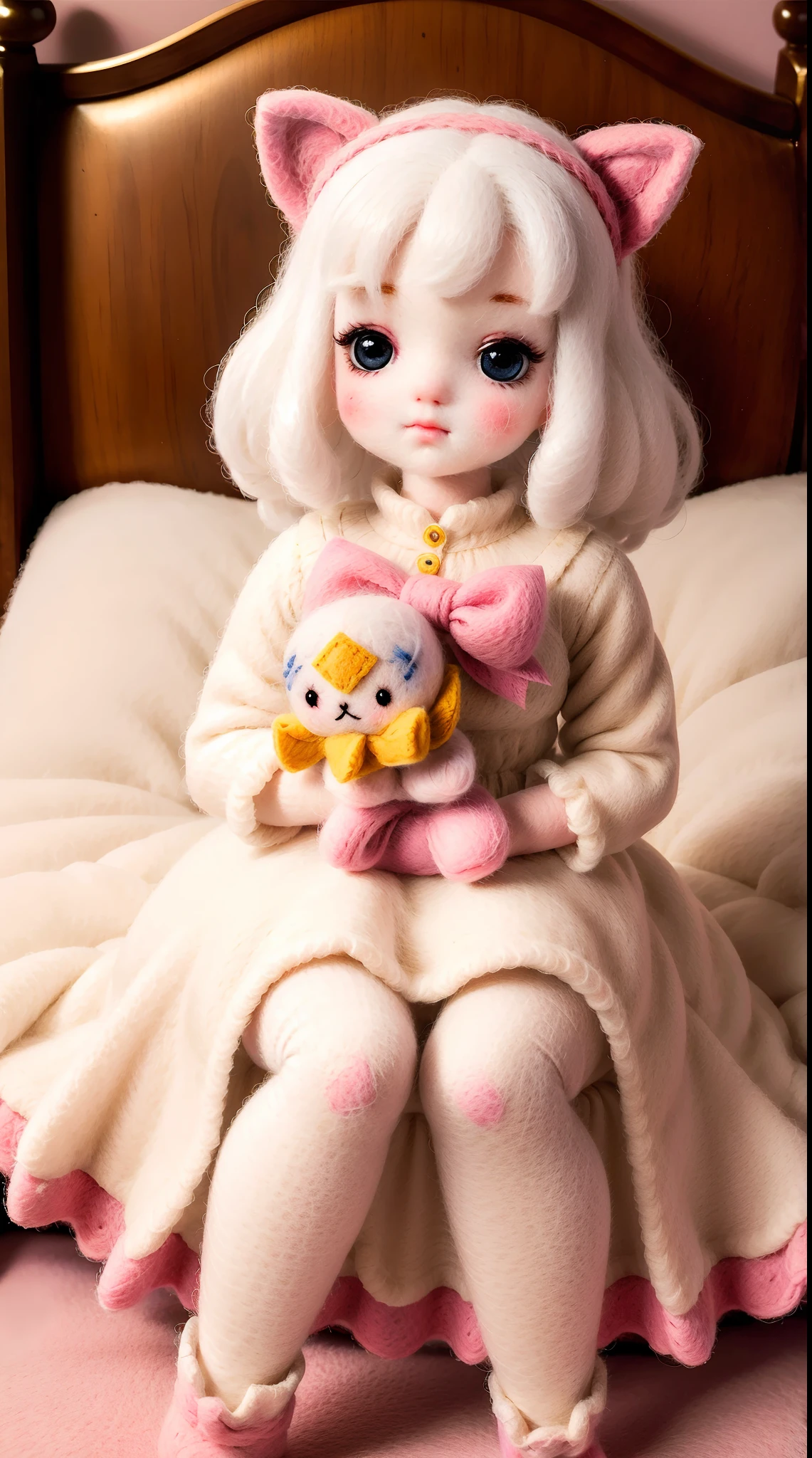 wool felt，Felt，plush ，adolable，Masterpiece, Best quality, Super detailed, illustration, Beautiful eyes, Close up, A girl. It is white hair, Pink bow, dress in yellow,sit on a bed.Wool felt dolls