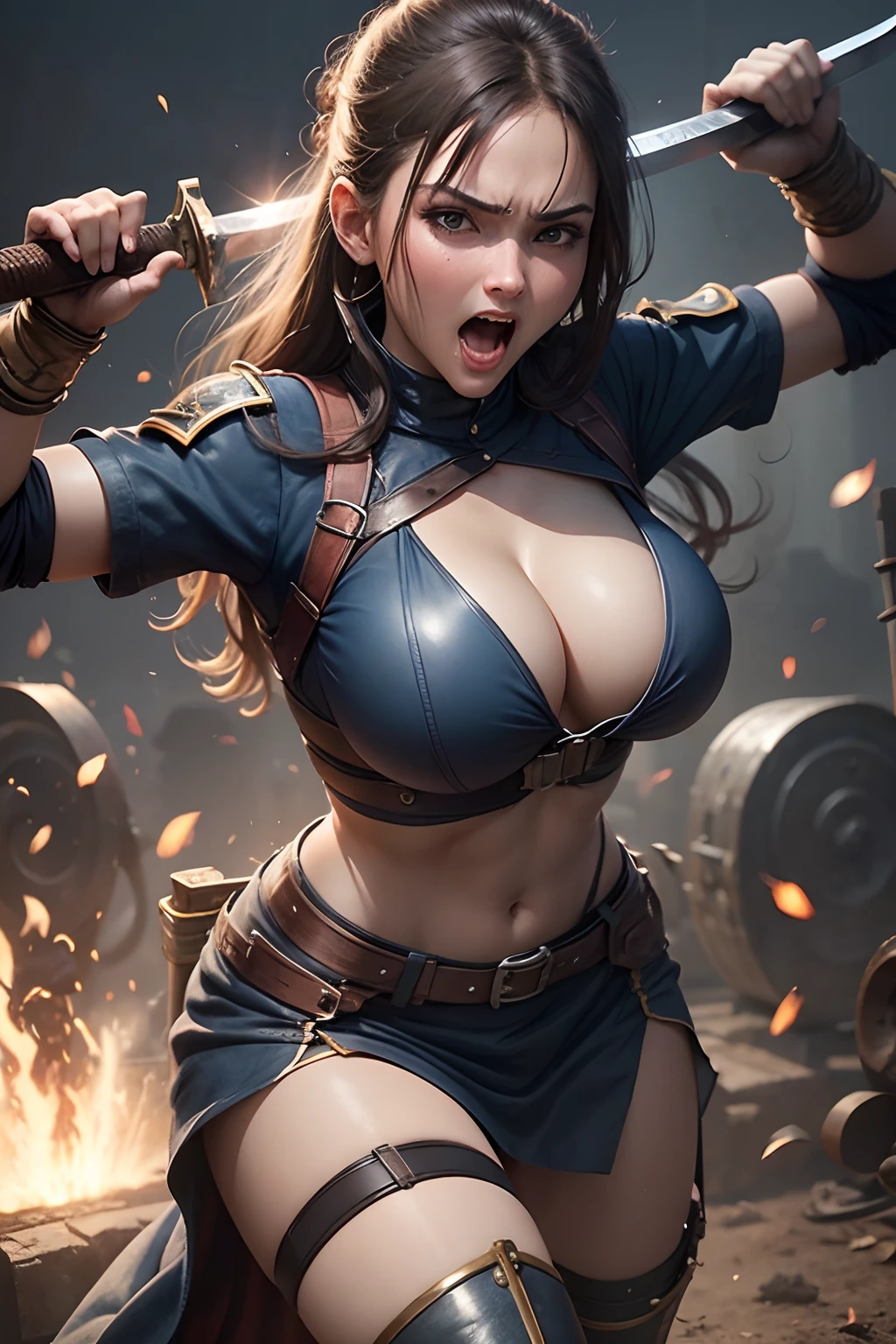 20 year old women, large breast, cleavage, welding sword, screaming, battle pose