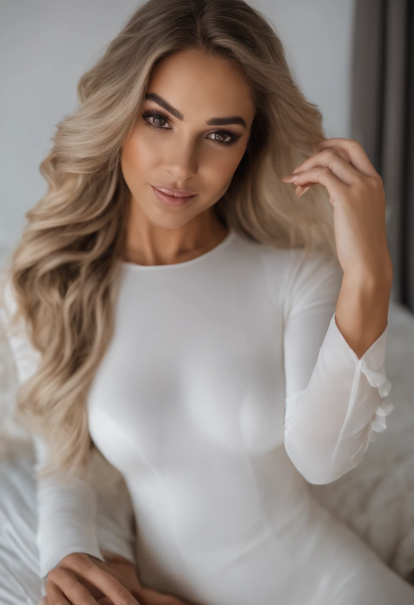 8K selfie of a young girl with long blonde hair and light skin, holding phone taking a selfie, looking back, bent over, smiling, smirking, ass, big ass, transparent bodysuit, nipples, pussy, uncovered, ((small breasts)), ((flat chest)), see through fabric, cut fabric, elegant, highly detailed, majestic, photography, semi- dress, crotch, beautiful (masterpiece, side lighting, finely detailed beautiful eyes: 1.2), HDR, in a bedroom, in front of mirror, NSFW