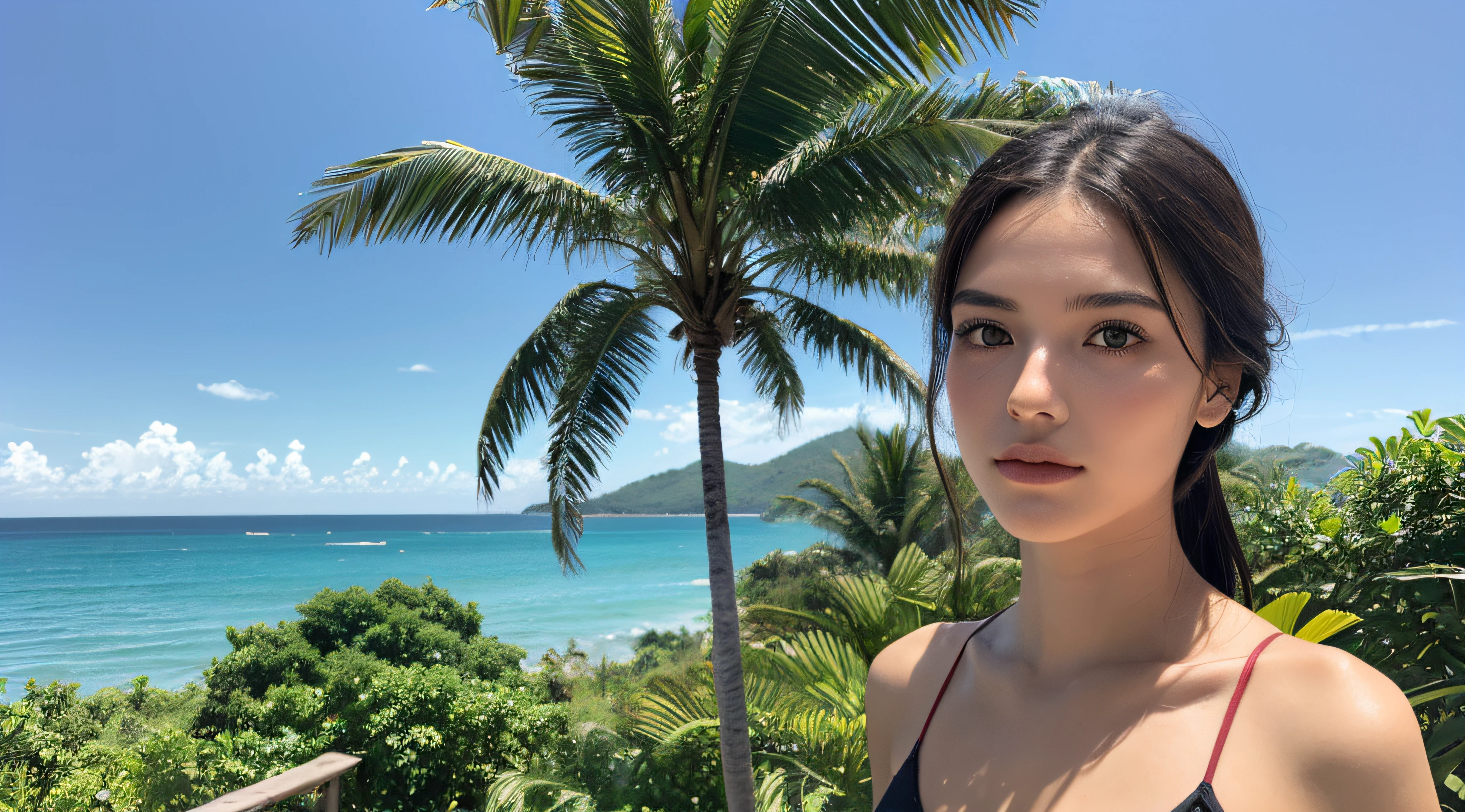 full body ful hd.masterpiece, hyperrealistic, ((fisheye portrait style, shooting angle from below)), beautiful Korean woman, dark brown hair, Heterochromia, Pompadour x dreadlocks hairstyle, fit body, fat, plump, Shimmer short make-up, selfie, ,beach scenery, coconut trees, tropical dark, digital painting, sunlight, UHD 8k resolution,