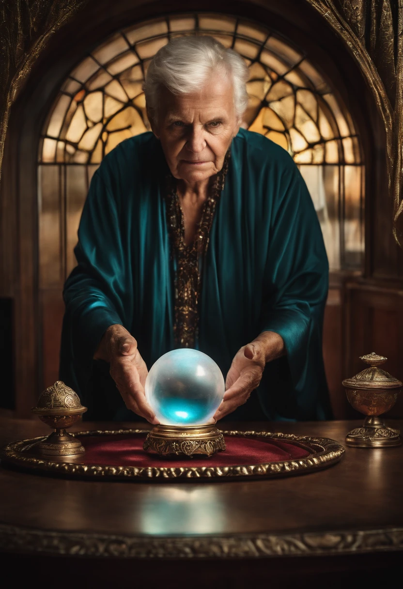 Elderly Psychic With Crystal Ball With Crystal Ball Looking Ahead