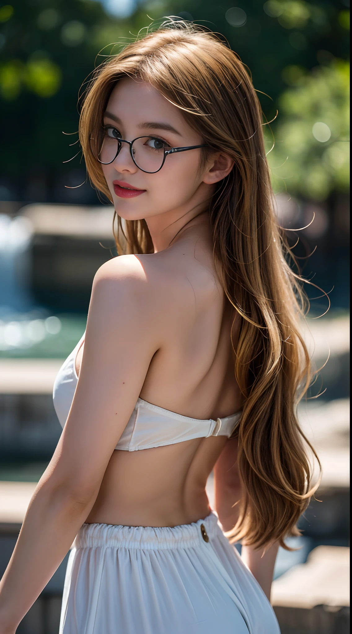 A close-up photo of a beautiful 20-year-old European woman, French or German, with blond hair that cascades down her back like a waterfall of gold. Her green eyes sparkle with a mischievous glint, drawing you in with their magnetic charm. Her skin is flawless, without a single blemish or mole, like porcelain. Her small nose adds a touch of delicacy to her face, and she wears light lipstick that enhances her natural beauty. She sports stylish glasses that give her an air of sophistication. The lighting is soft and diffused, reminiscent of a classic Hollywood portrait. Photo taken by Victoria Anderson with a Nikon D850 and a 85mm f/1.4 lens, creating an Award Winning Photography style with a touch of elegance