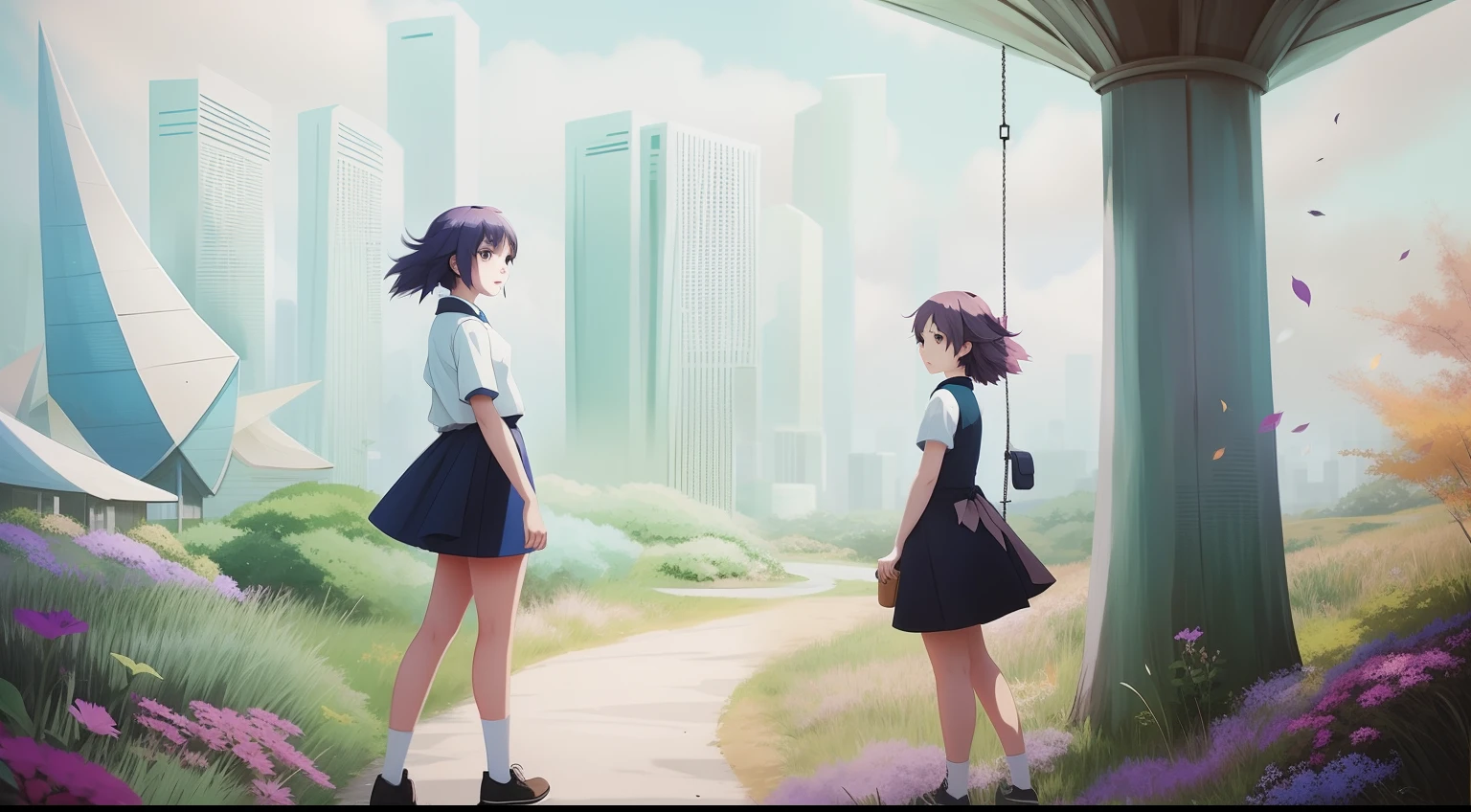 There are swings hanging from the trees in the yard, , Anime background art, Relaxing concept art, ross tran. scenery background, landscape artwork, trending on cgstation, 🍂 adolable, Praise Artstyle, Inspired by Atey ghailan, arte de fundo, Autumn landscape， drawn in anime painter studio, Anime landscape concept art，8K high-definition， OC rendering， Beautiful autumn love