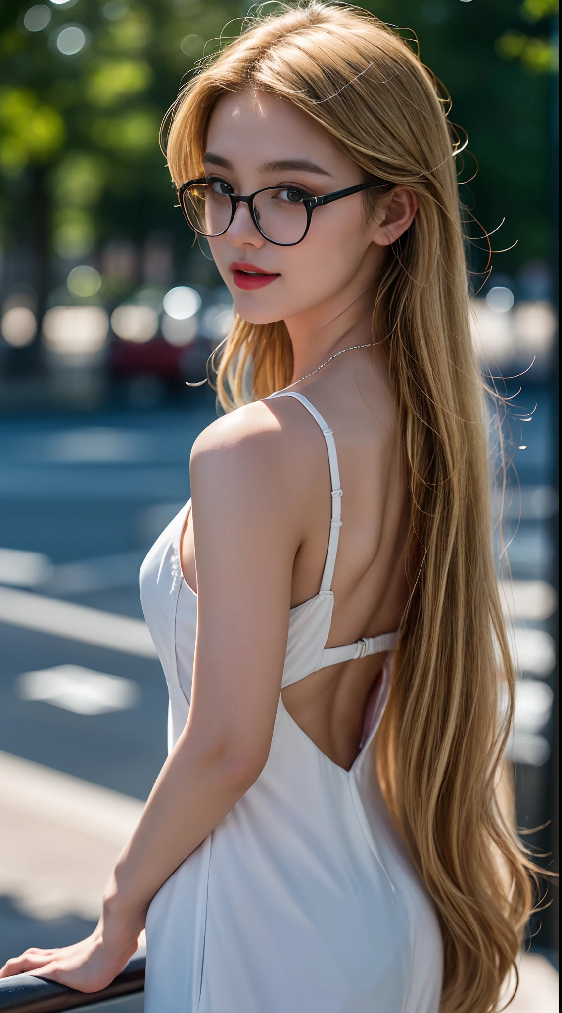A close-up photo of a beautiful 20-year-old European woman, French or German, with blond hair that cascades down her back like a waterfall of gold. Her green eyes sparkle with a mischievous glint, drawing you in with their magnetic charm. Her skin is flawless, without a single blemish or mole, like porcelain. Her small nose adds a touch of delicacy to her face, and she wears light lipstick that enhances her natural beauty. She sports stylish glasses that give her an air of sophistication. The lighting is soft and diffused, reminiscent of a classic Hollywood portrait. Photo taken by Victoria Anderson with a Nikon D850 and a 85mm f/1.4 lens, creating an Award Winning Photography style with a touch of elegance