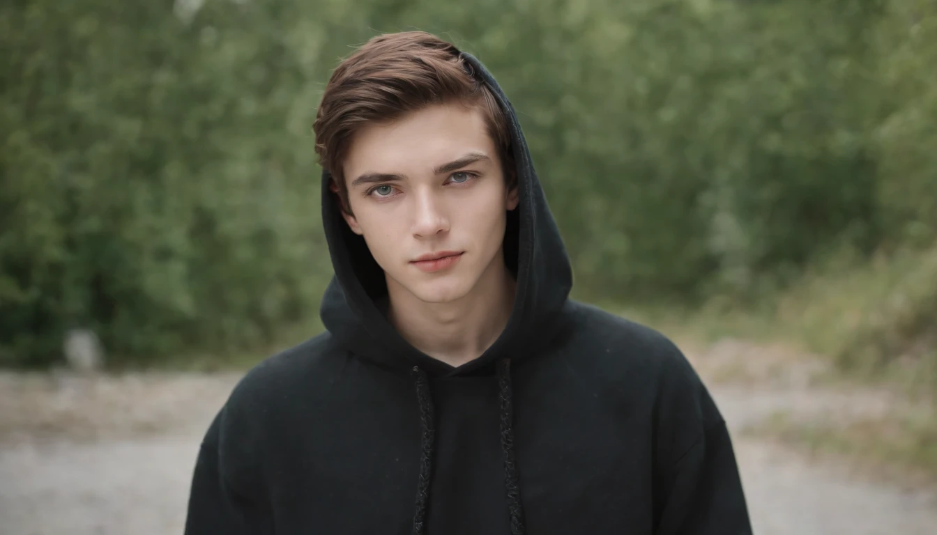 Fair complexion, A man around 19 years old, brunette color hair, Unique green eyes,Wear a hooded sweatshirt，Black sweatshirt，black long pants，Black lace-up boots