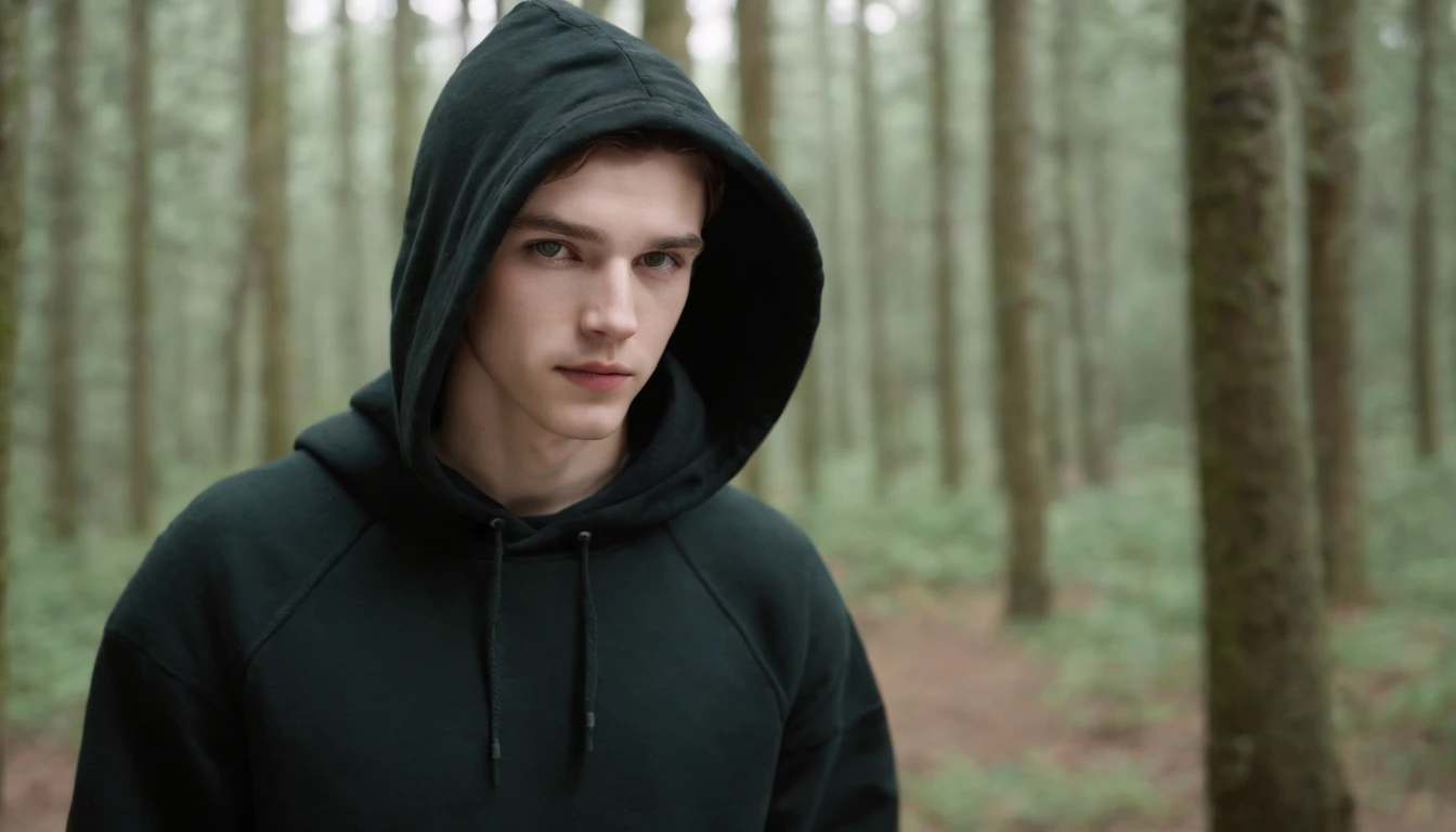 Fair complexion, A man around 19 years old, brunette color hair, Unique green eyes,Wear a hooded sweatshirt,Black sweatshirt,black long pants,Black lace-up boots