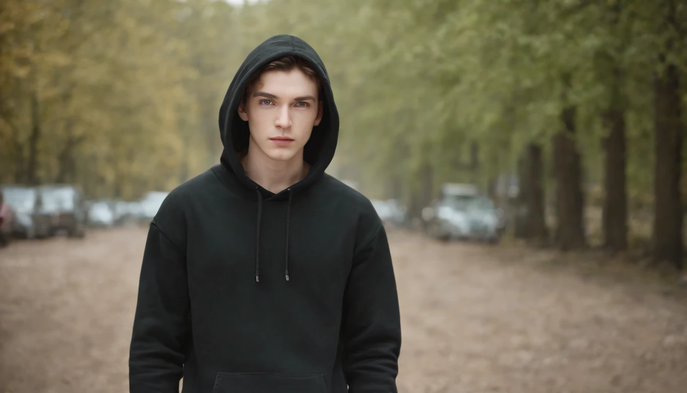 Fair complexion, A man around 19 years old, brunette color hair, Unique green eyes,Wear a hooded sweatshirt，Black sweatshirt，black long pants，Black lace-up boots