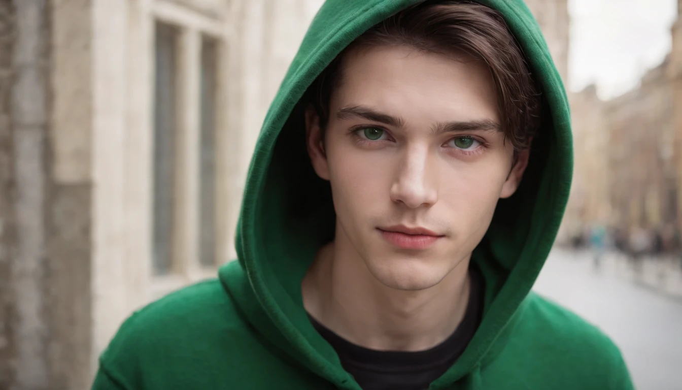 Fair complexion, A man around 19 years old, brunette color hair, Unique green eyes,Wear a hooded sweatshirt，Black sweatshirt，black long pants，Black lace-up boots