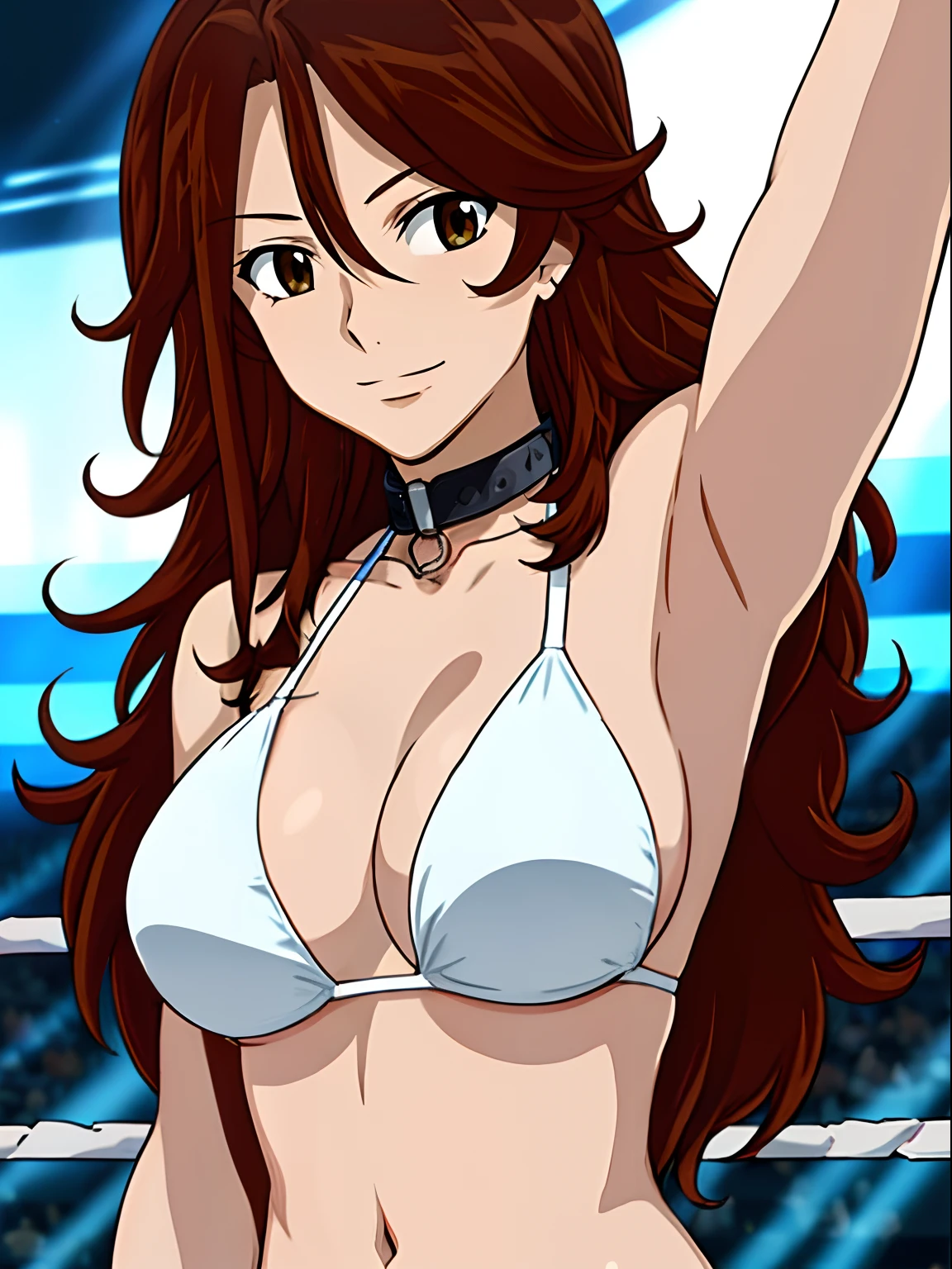 hug, Elegant lady, (upper body only), anime style: 1.8, anime drawing, ultra detailed face, ultra detailed body, 4k, Sumergai Lee Noriega, (standing), best quality, anime style, hires, highest definition, digital blending, bold drawing lines, ((wwe diva), (location: wwe arena, crowds watching), ( slim body, (little biceps), , off-shoulders, closed fists, (curvy: 2.8)), ((white bikini , black jacket, white gloves, collar, armpit protector)), victorious, winner, gentle, (pale skin, shiny skin, very big breasts, smile), (big eyes, brown eyes), (clapping), (brown hair, loose hair, curly hair, wavy hair, long hair, missy hair), 27 years old,