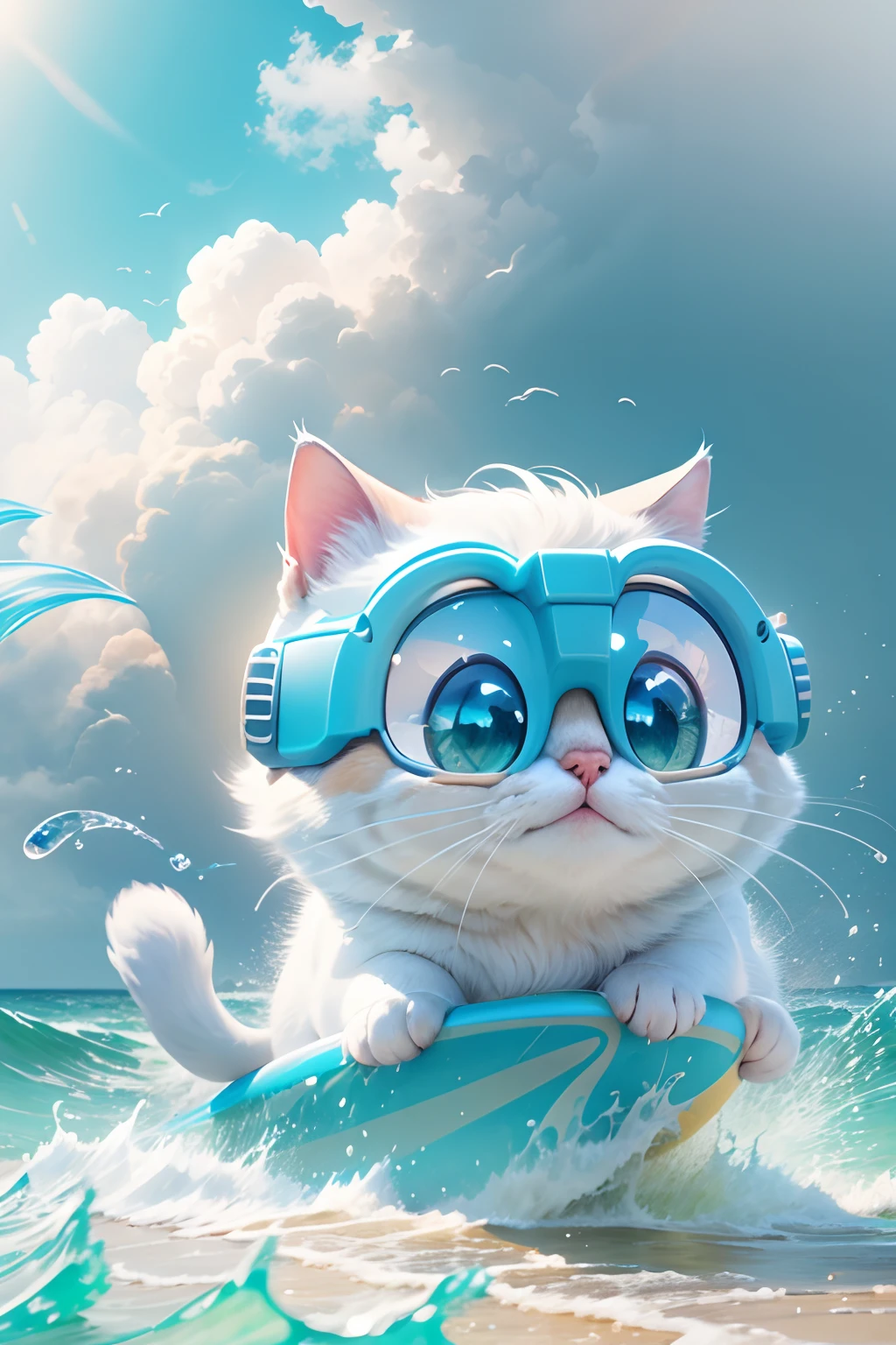 A round-eyed cute cat, ssmile, Surf by the sea, spray, blue-sky.