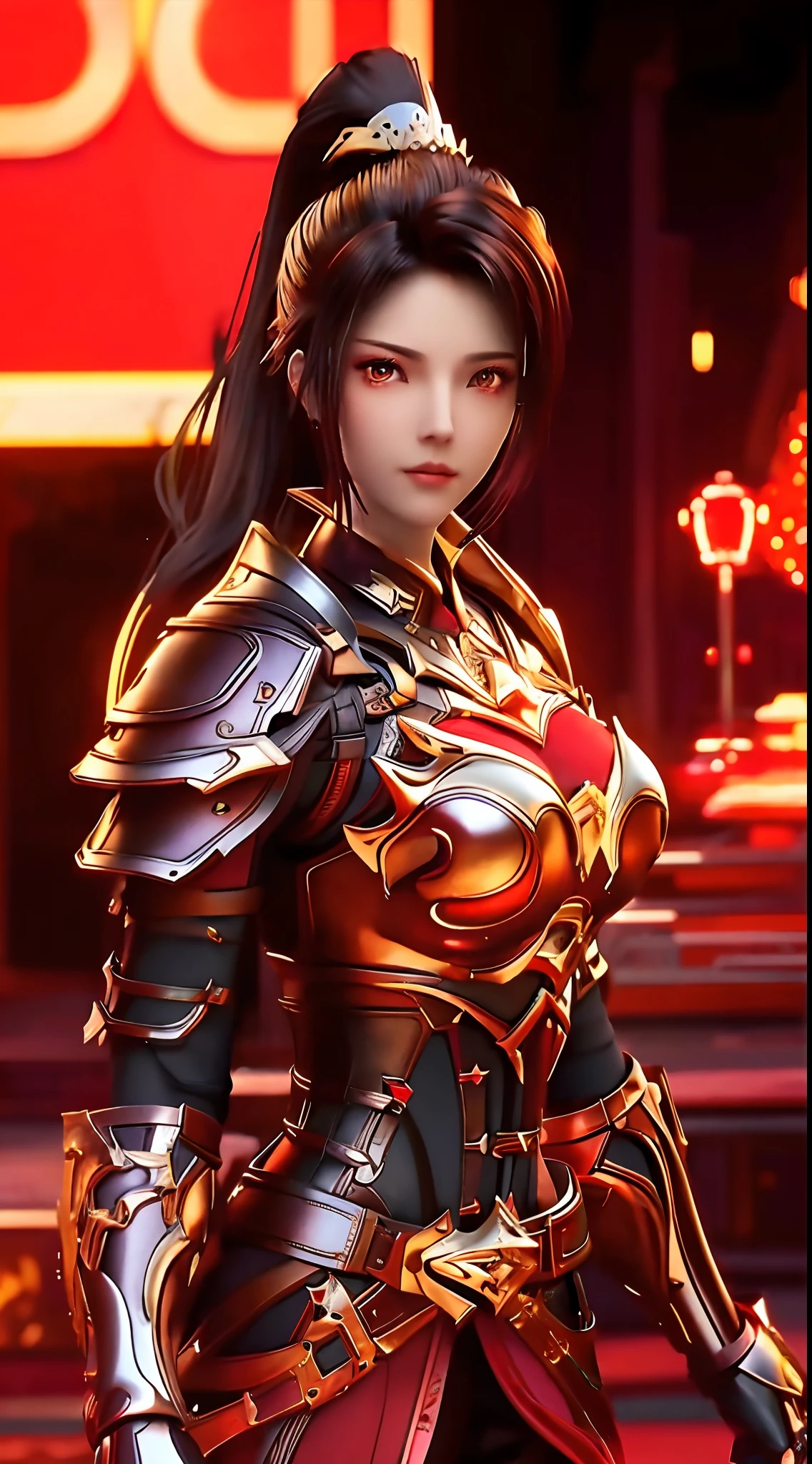 SYWZwangyuanyuan,1girl, armor,cityscape, night, looking at viewer, mature female, red eyes,high ponytail, hair ornament, red shirt,cowboy shot, pauldrons,ultra-detailed, masterpiece, highest quality,