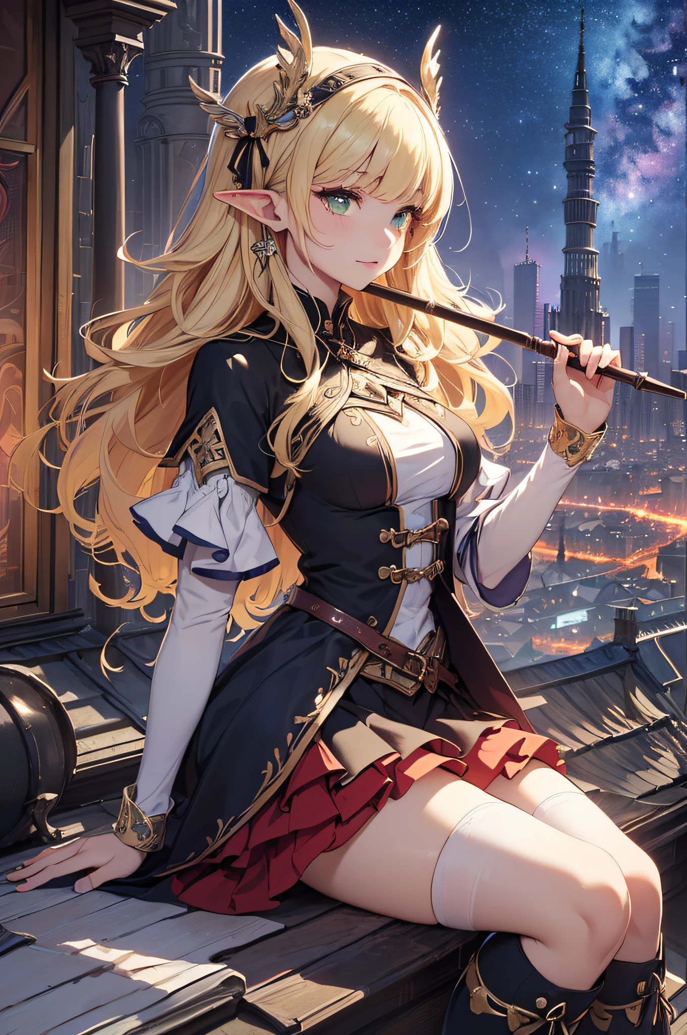 (Official art、Best Quality、Unity 8k Wallpapers、32K、masterpiece、ultra-detailliert、超A high resolution、realisitic、Photorealsitic:1.2)、(Cinematic lighting:1.2)、Fireglow effect、film grains、Best Shadows、Rim lighting、side lights、sideshot、(Ultra-detailed and complex 3D rendering)、Detailed beautiful face and eyes、Sharp pupils、Realistic pupils、A slender、1Man Woman、Medium bust、(Full body:1.2)、 Highly detailed background、beauitful face、16-year-old beautiful girl、(super detailed skin、detailed skin textures:1.3)、(Half Blonde、Colorful hair:1.3)、Blunt bangs、green colored eyes、elf-ears、magical girl costume、white shirt、Costumes with frills、frills skirt、knee sox、(thighs thighs thighs thighs:0.8)、Black boots、(Fantastic and beautiful night sky、Medieval city at night、On the roof of the tower:1.4)、(carrying a magical staff:1.3)、(Looking away、overlooking a city:1.3)、Fantastical、Gentle smile、I opened my mouth a little.