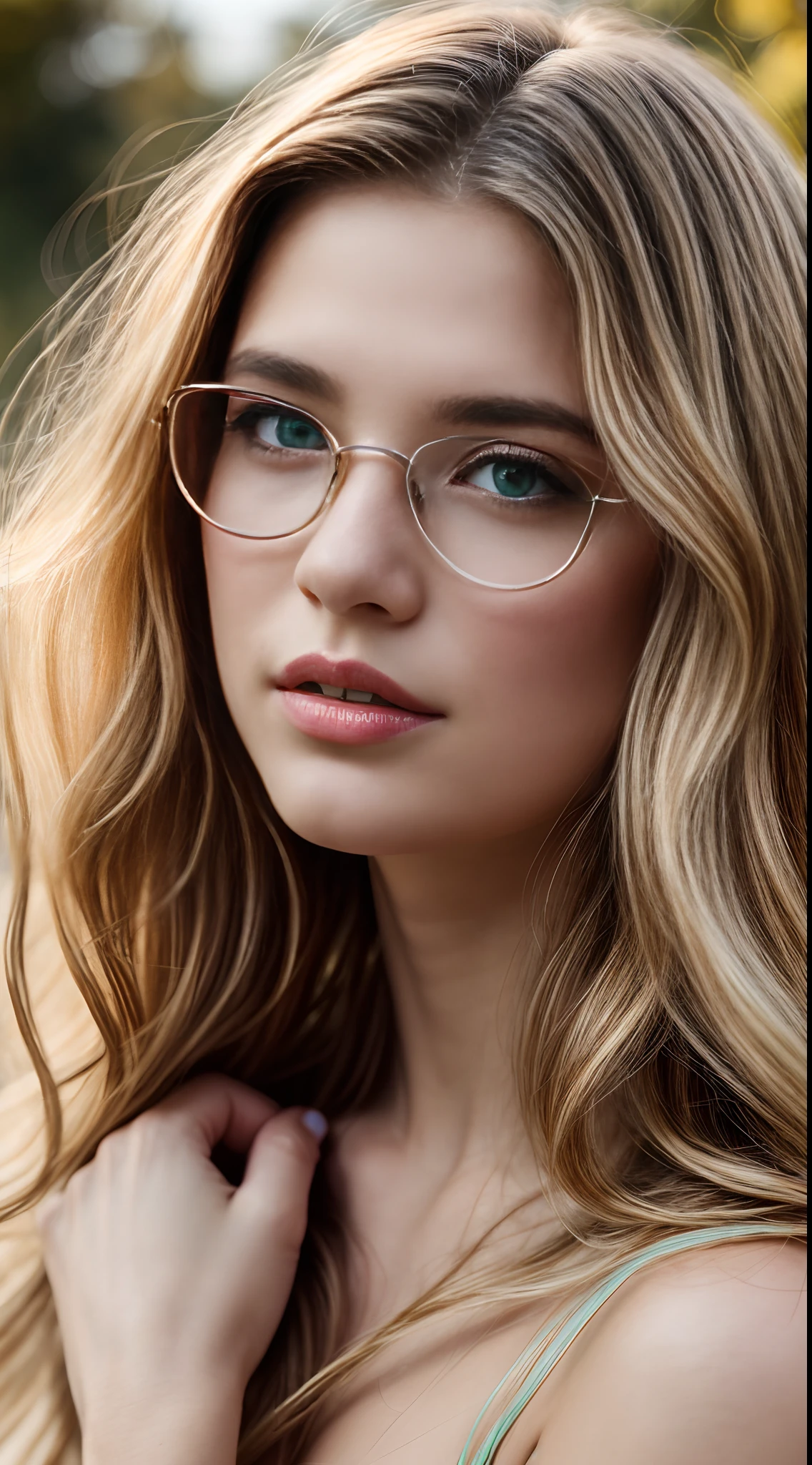 A close-up photo of a beautiful 20-year-old European woman, whether French or German, her luscious blond hair tumbling down in gentle curls that frame her face like a halo of golden rays. Her mesmerizing green eyes hold a hint of mischief, drawing you into their depths. Her skin is velvety smooth, devoid of any moles or imperfections, radiating an otherworldly purity. Her dainty nose adds a touch of elegance, and her lips are adorned with a subtle, light lipstick. She wears chic glasses that accentuate her sophistication. The lighting is a mix of studio and volumetric, creating an ethereal and dreamy atmosphere. Photo taken by Isabella Martinez with a Canon 5D Mark IV and a 50mm f/1.4 lens, capturing an Award Winning Photography style that enchants with its ethereal beauty